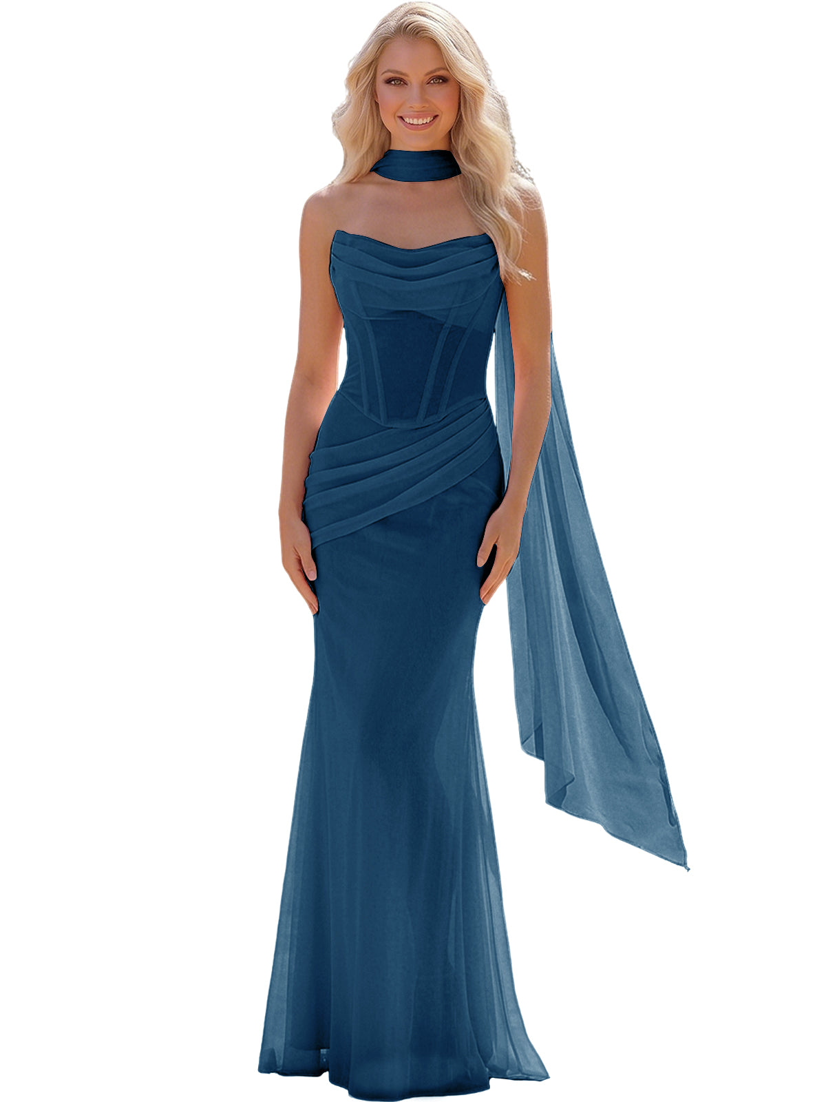 Strapless Chiffon Bridesmaid Gown with Sheer Boned Bodice, Ruched Waist and Scarf