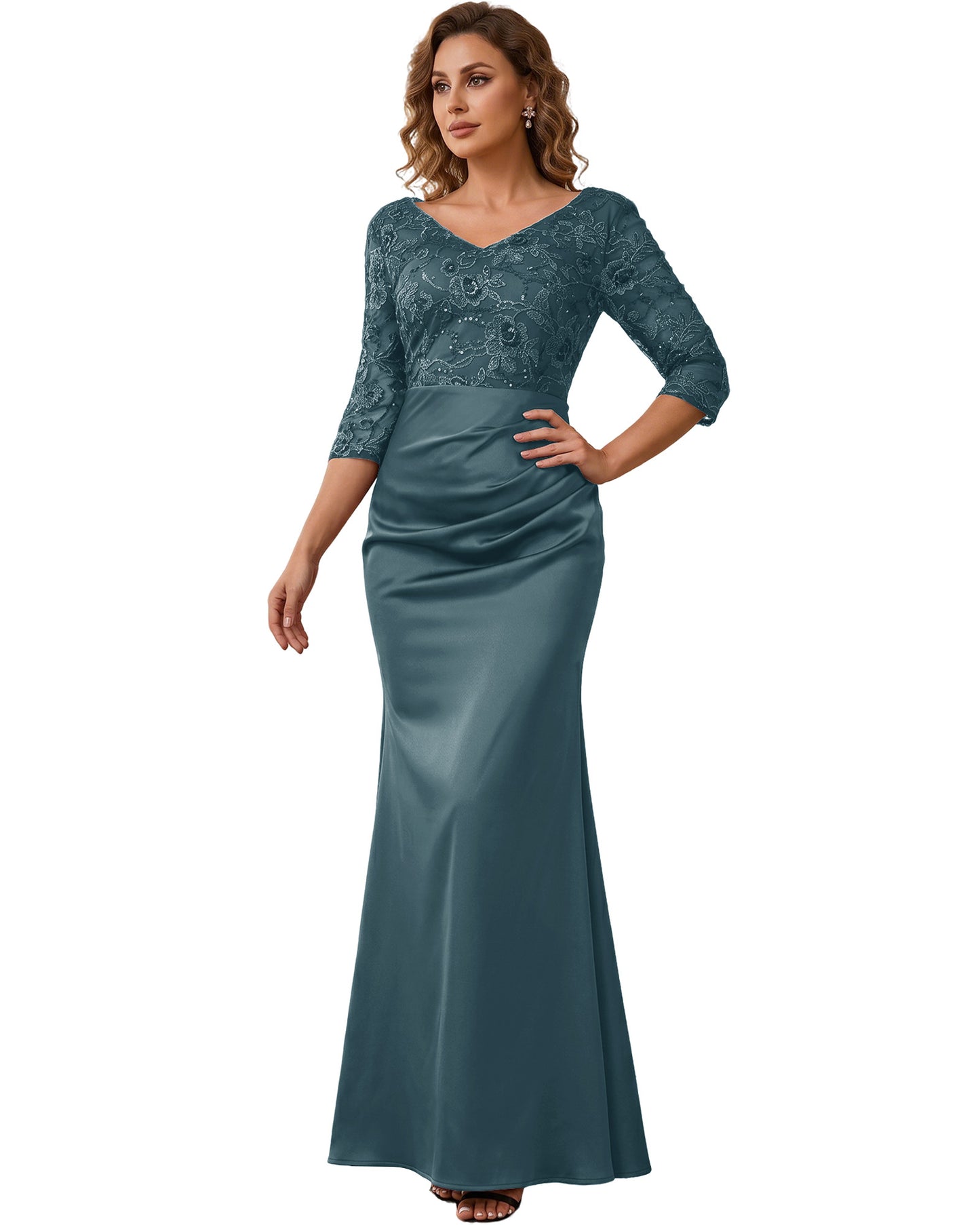 Mother of the Bride Dress Long Lace Mermaid Formal Gown with 3/4 Sleeves