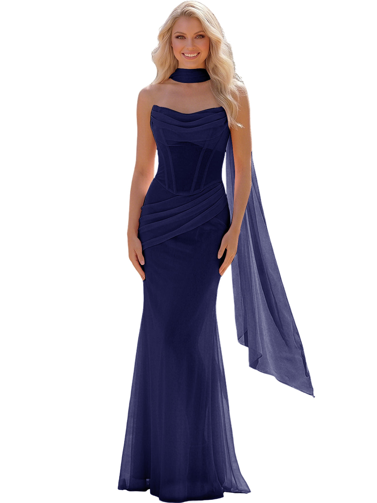 Strapless Chiffon Bridesmaid Gown with Sheer Boned Bodice, Ruched Waist and Scarf
