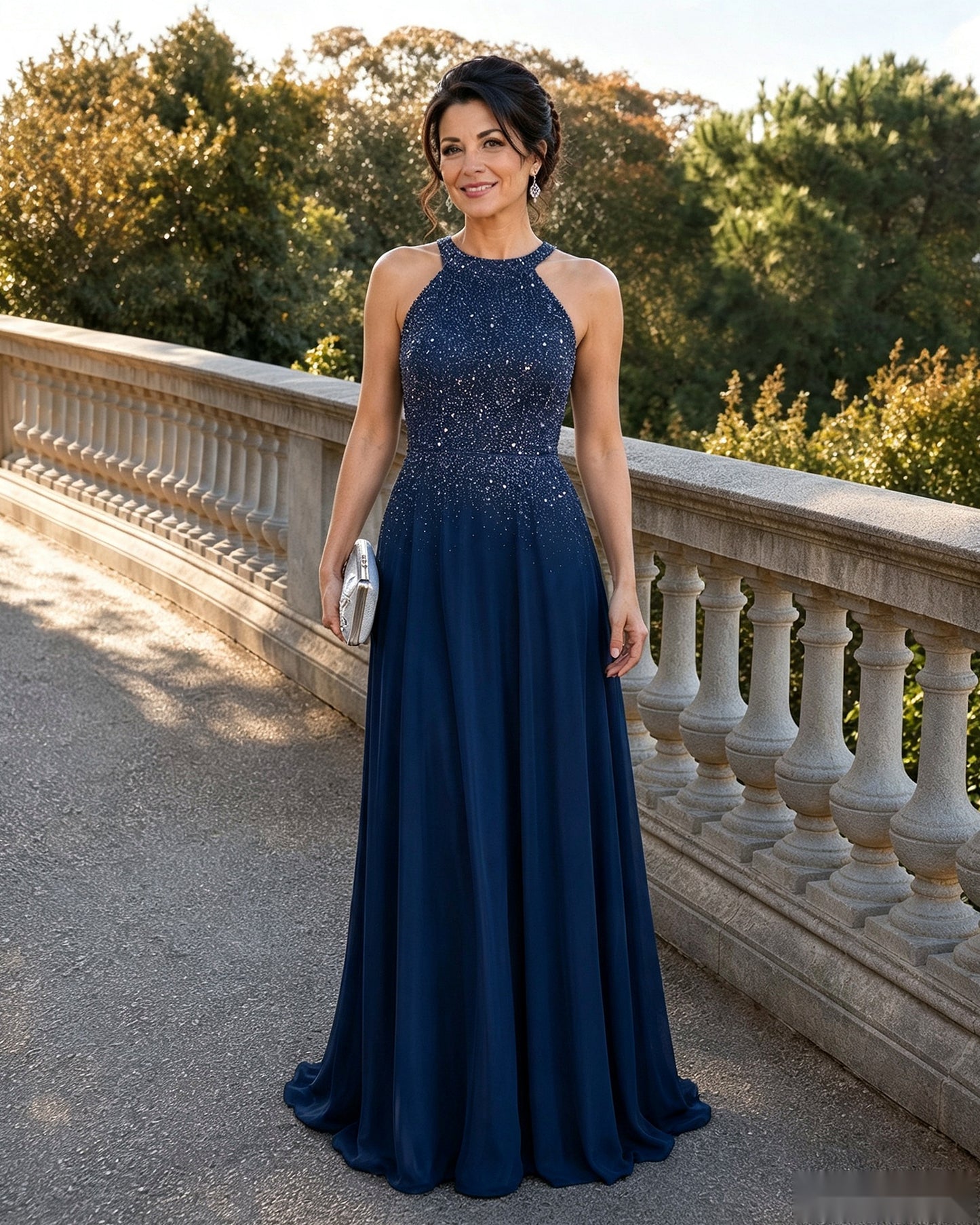 Halter Neck Sequin Chiffon A-Line Mother of the Bride Dress
