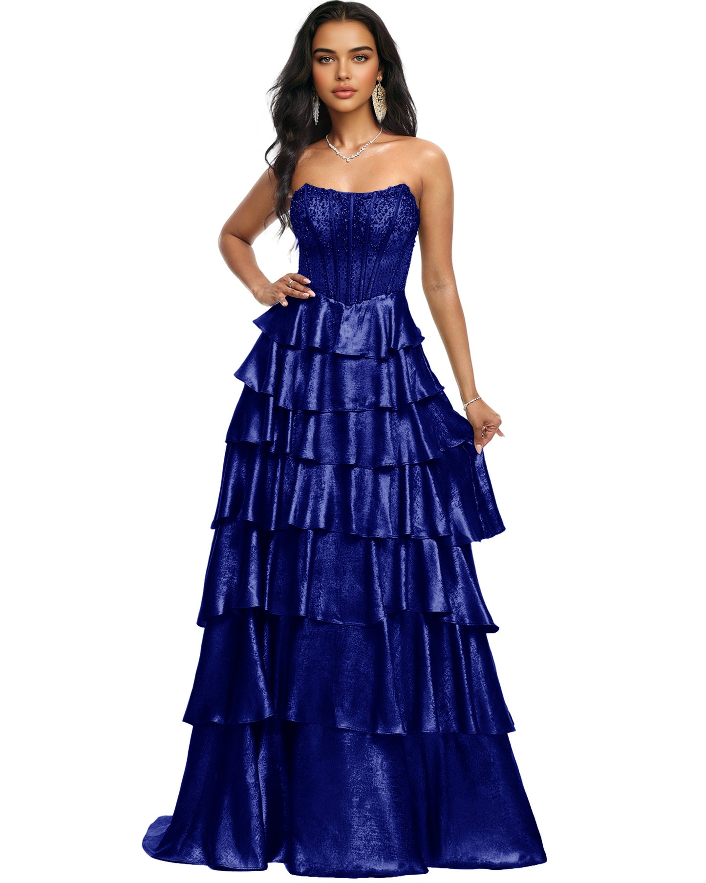 Strapless Tiered Sequin A-Line Prom Dress with Ruffle Layers