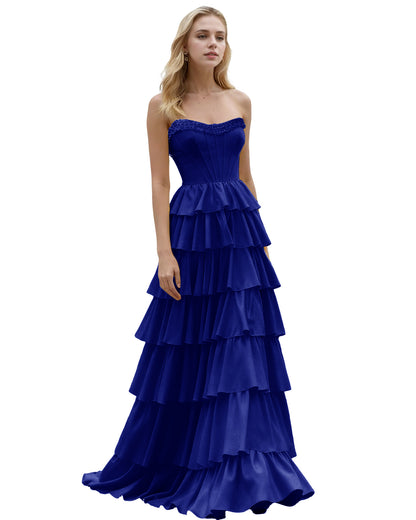 Strapless Tiered Ruffle A-Line Prom Dress with Corset Bodice