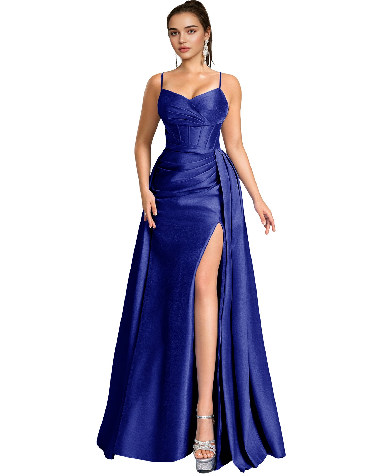 One Shoulder Satin A-Line Prom Dress with Wrap Bodice and Side Slit
