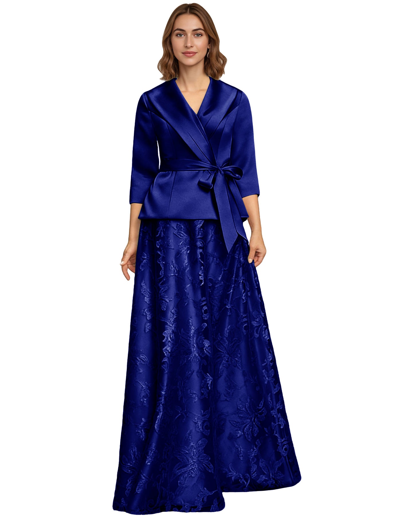 Two Piece Mother of the Bride Dress Satin Wrap Top Embroidered Long Skirt Formal Set