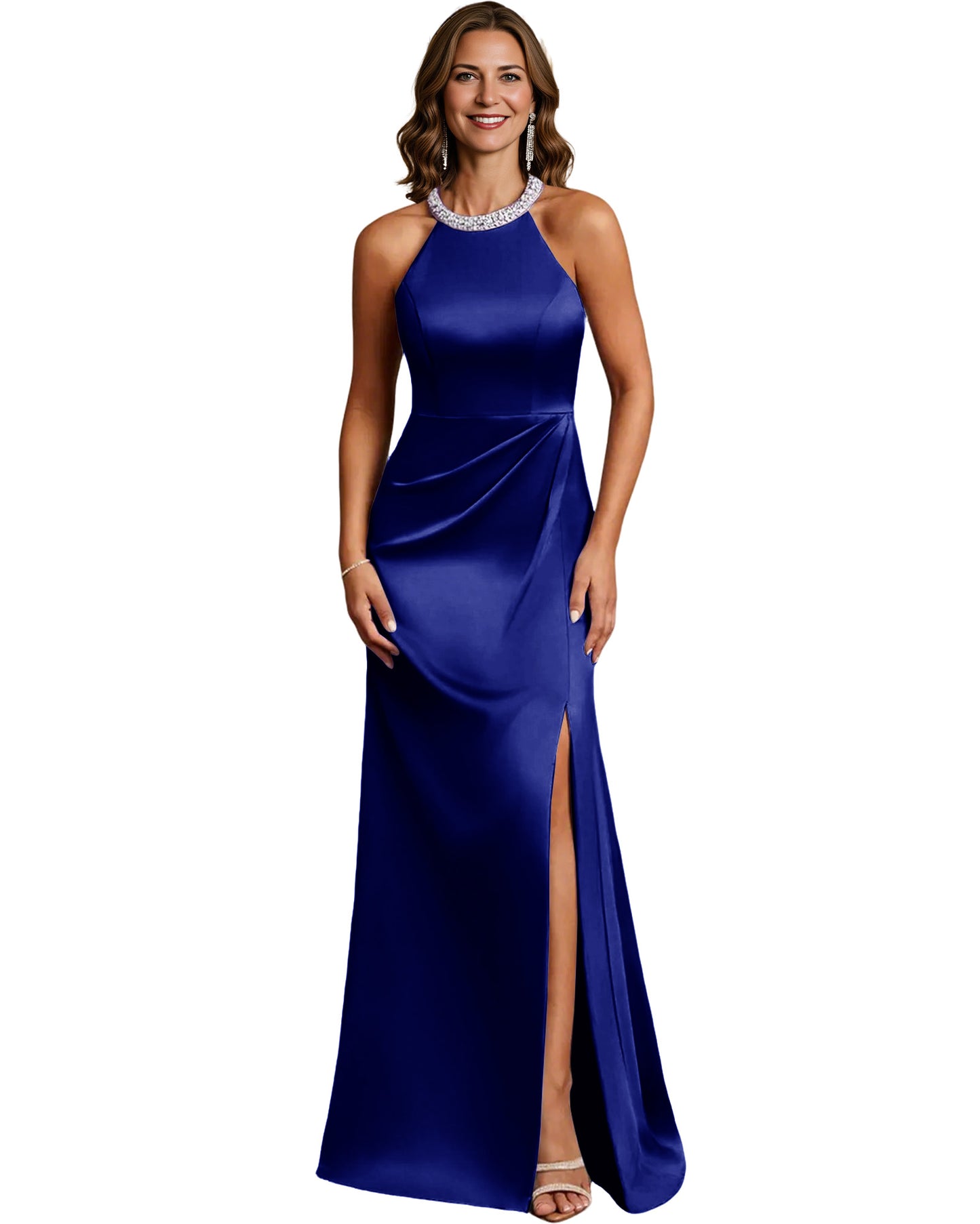 Halter Neck Mother of the Bride Dress Satin Mermaid Gown with Beaded Collar and Slit