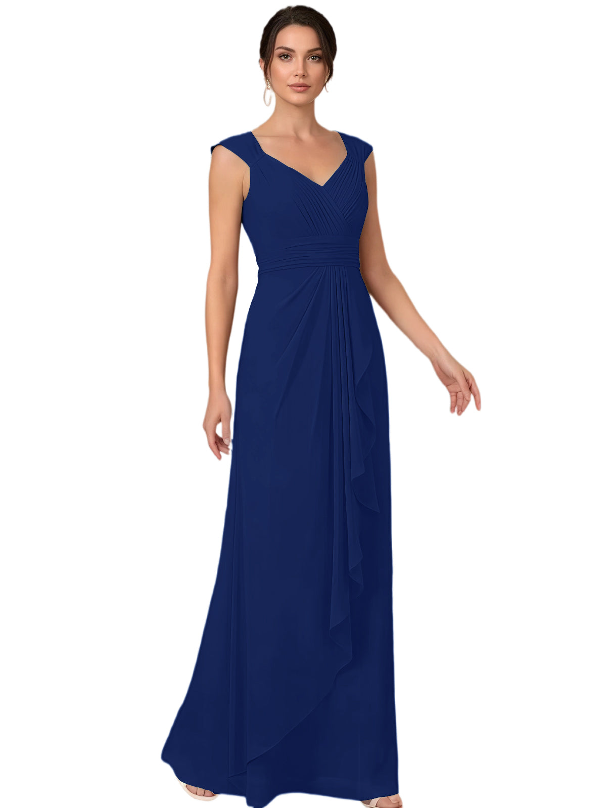 Mother of the Bride Dress Long Sleeveless V-Neck Chiffon Formal Gown with Ruffle Detail