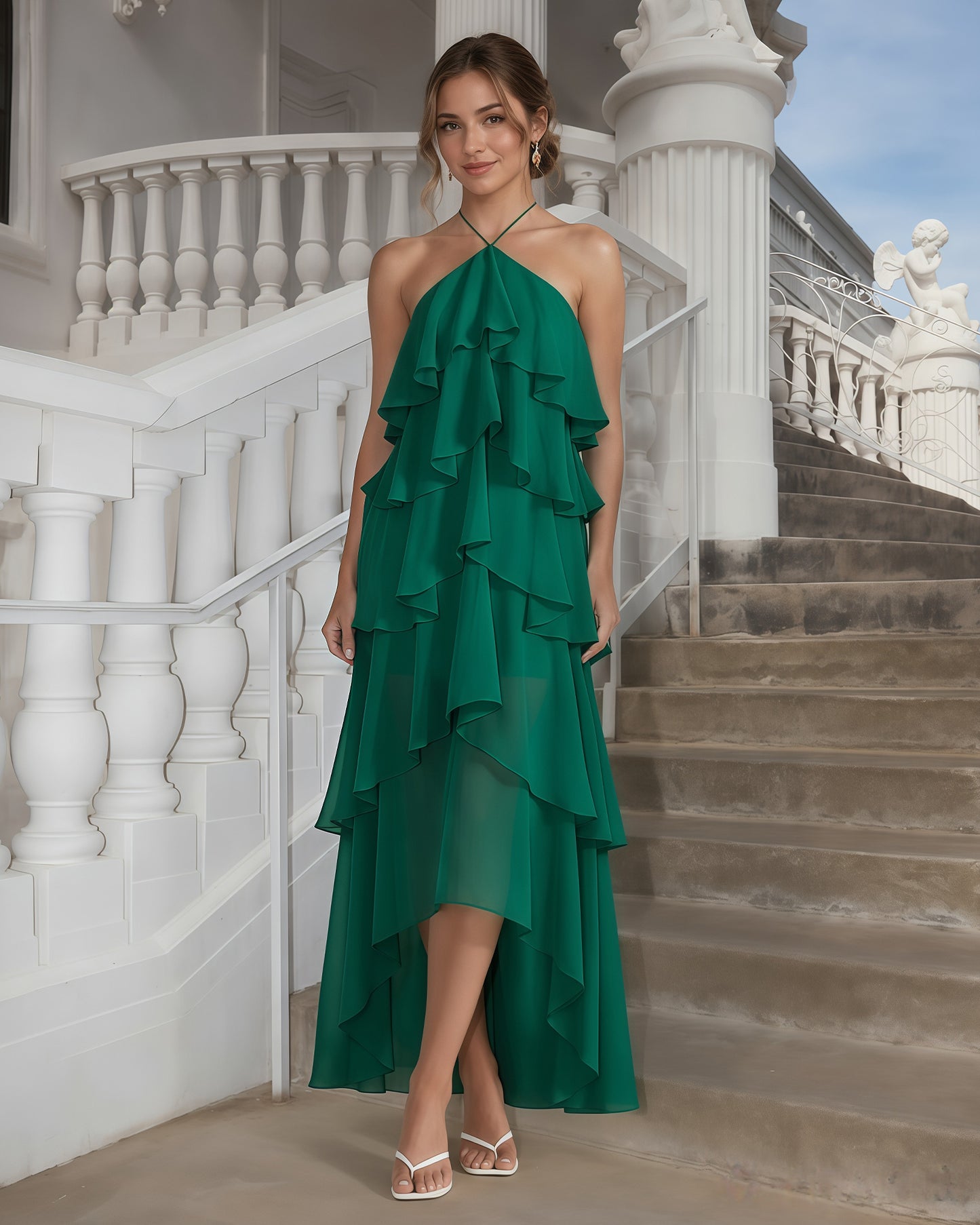 One-Shoulder Tiered Ruffle High-Low Chiffon Formal Dress