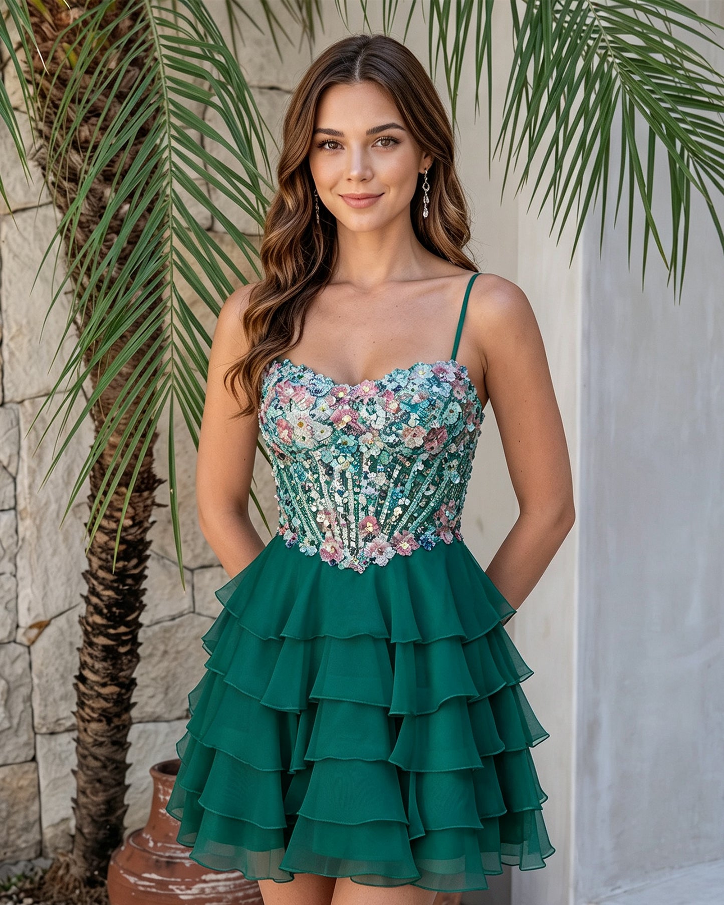 Spaghetti Strap Floral Embroidered Corset Ruffle Mini Homecoming Dress