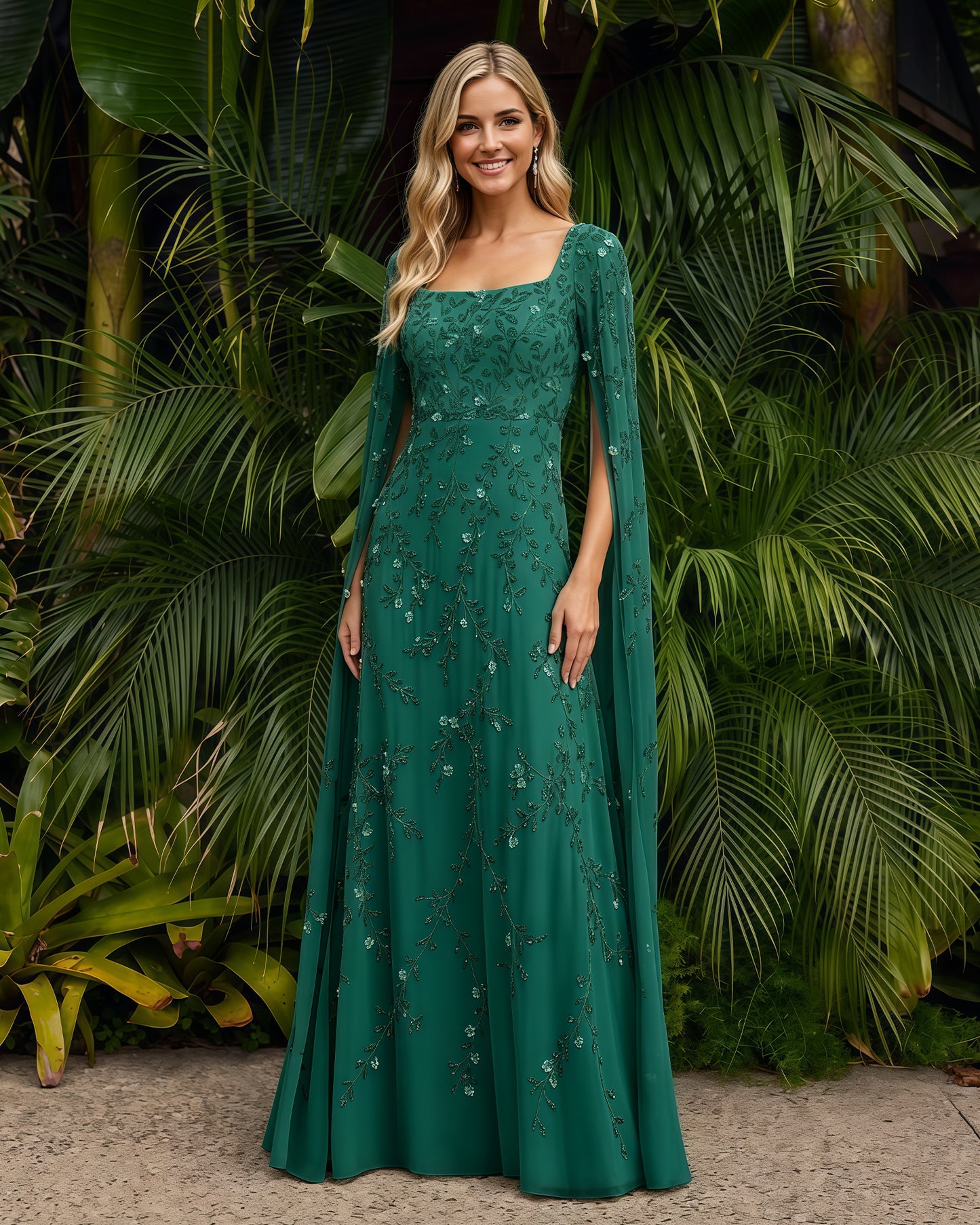 Square-Neck Long-Sleeve Lace A-Line Formal Dress