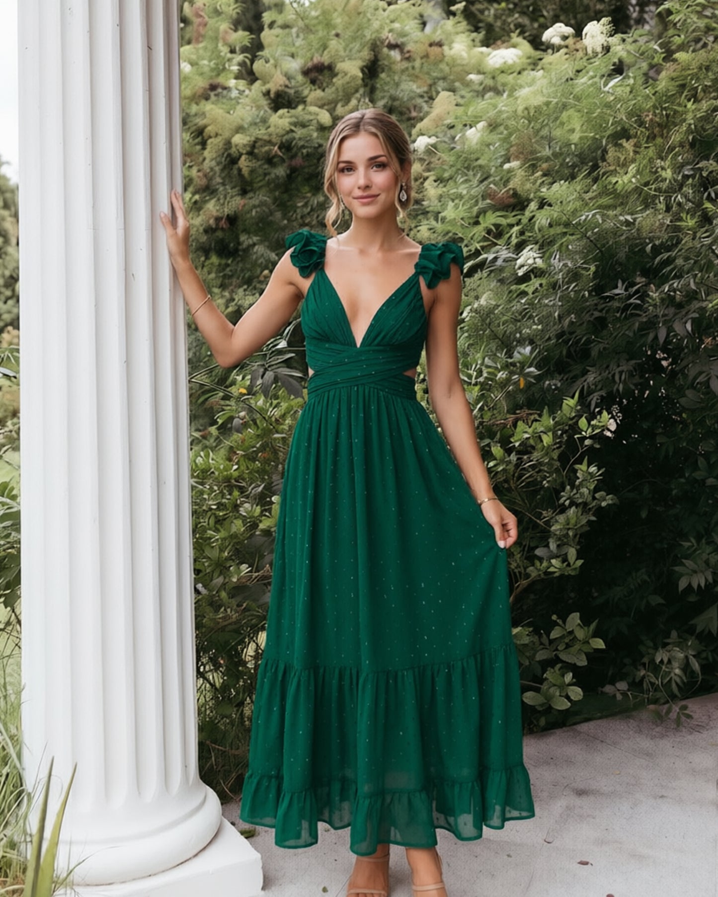 Deep V-Neck Swiss Dot Chiffon Bridesmaid Dress with Ruffle Straps
