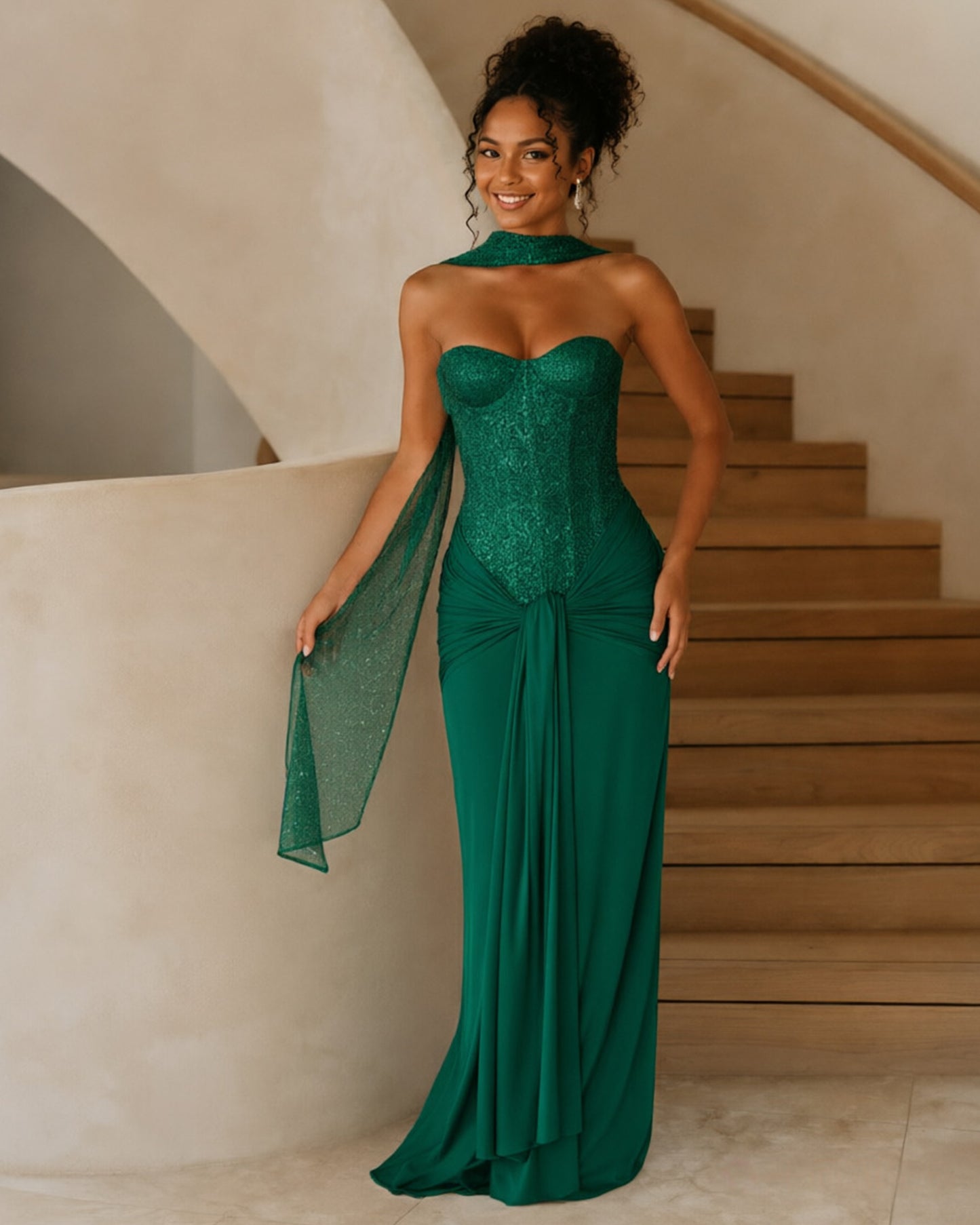 Strapless Sequin Corset Jersey Prom Dress with Draped Scarf Detail