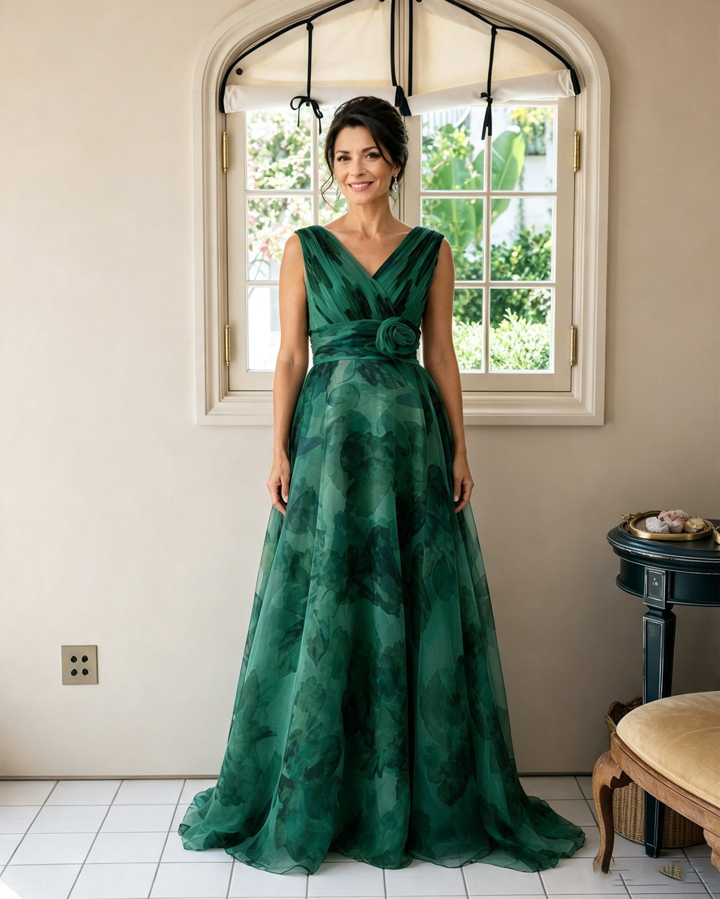 Floral Print V-Neck Chiffon Mother of the Bride Dress with Rosette Sash