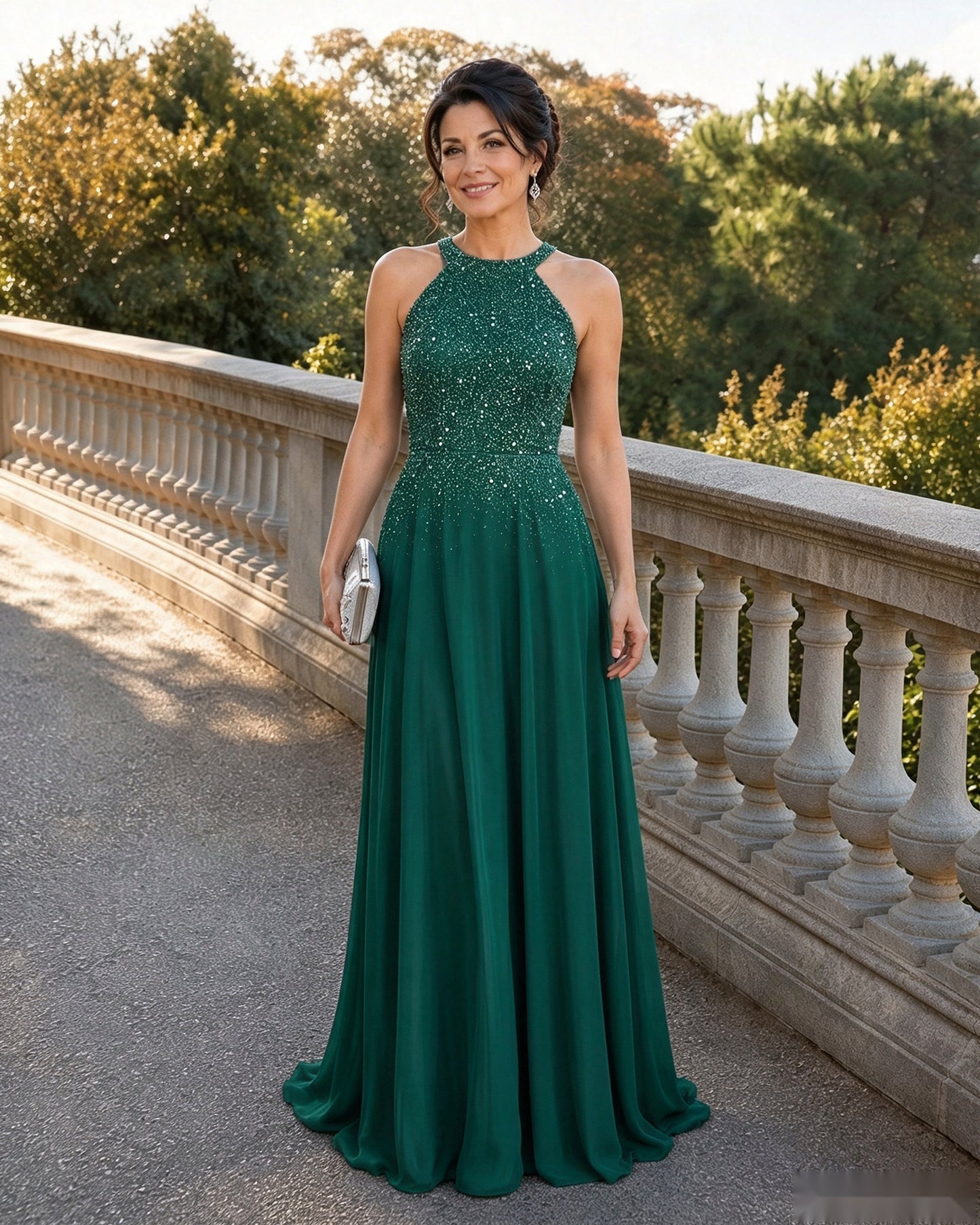 Halter Neck Sequin Chiffon A-Line Mother of the Bride Dress