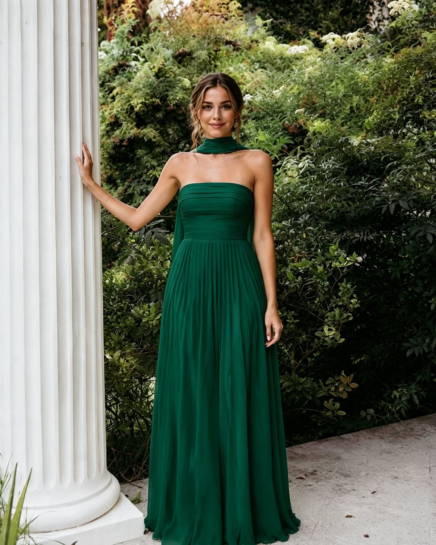 Strapless Chiffon A-Line Bridesmaid Dress with Neck Scarf and Lace-Up Back