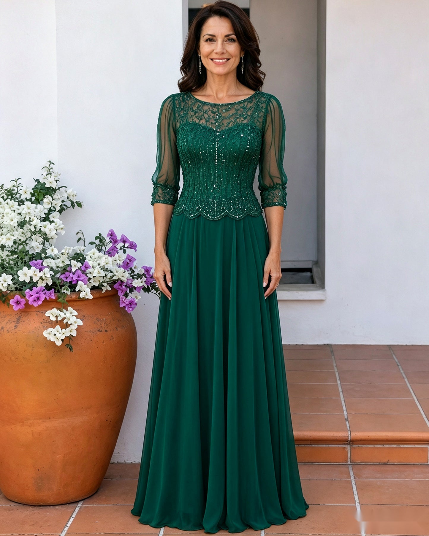 Illusion Lace Three-Quarter Sleeve A-Line Mother of the Bride Dress