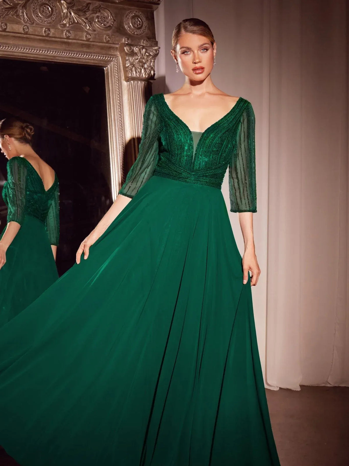 V Neck Chiffon Beaded A-Line Floor-Length Formal Dress