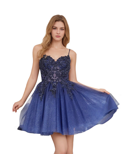 Spaghetti Strap Beaded Corset Glitter Tulle Homecoming Dress
