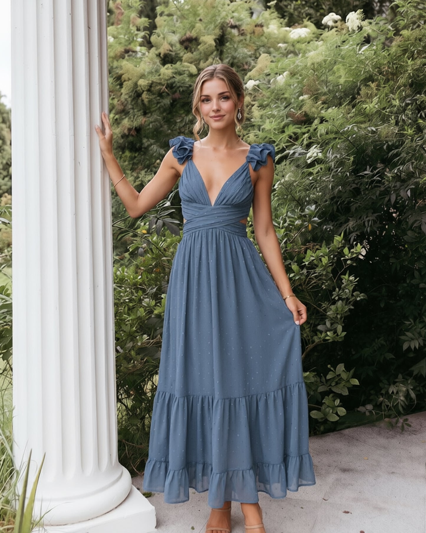 Deep V-Neck Swiss Dot Chiffon Bridesmaid Dress with Ruffle Straps