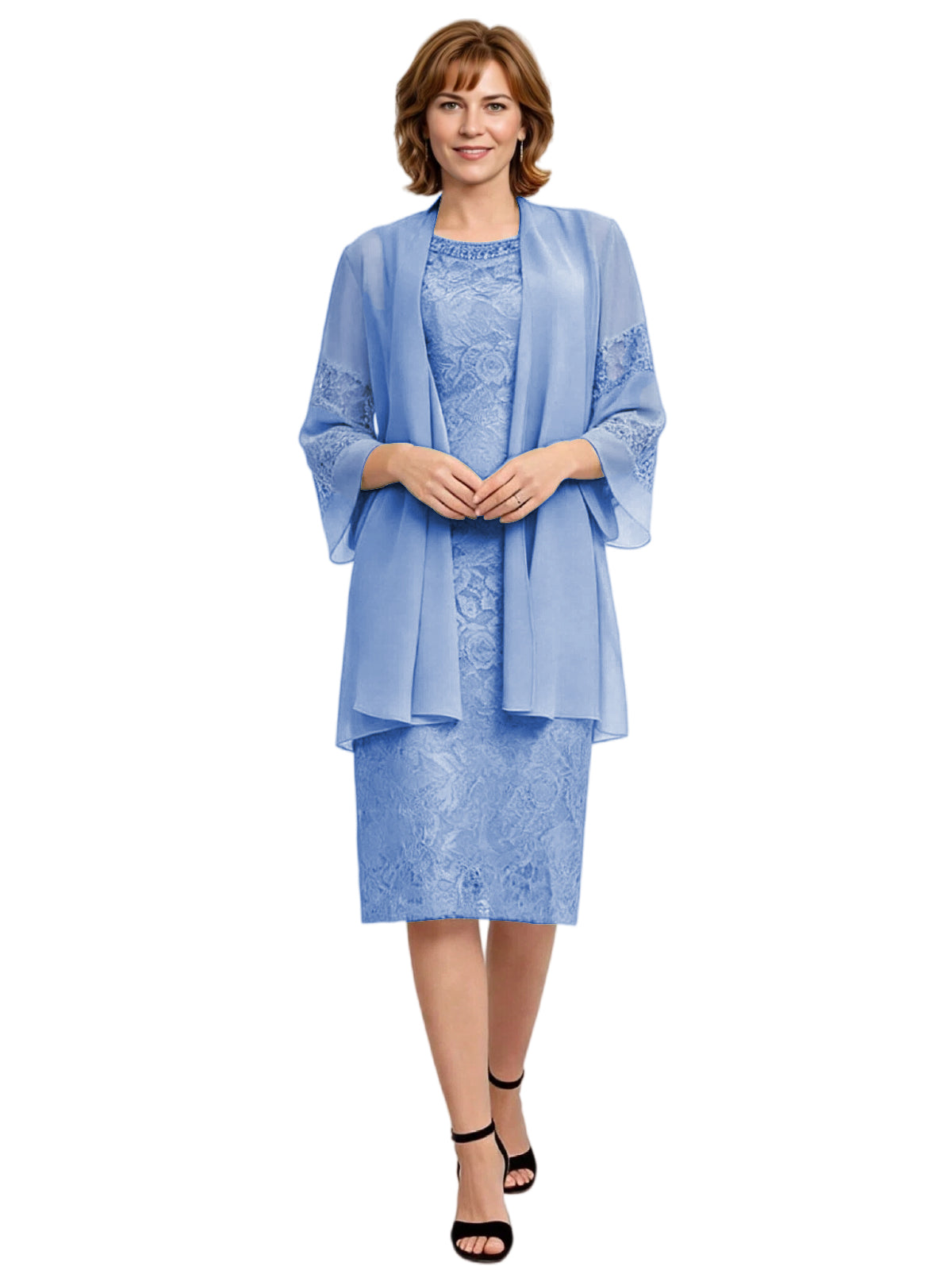 Mother of the Bride Dress with Jacket Knee Length Lace Formal Wedding Guest Outfit