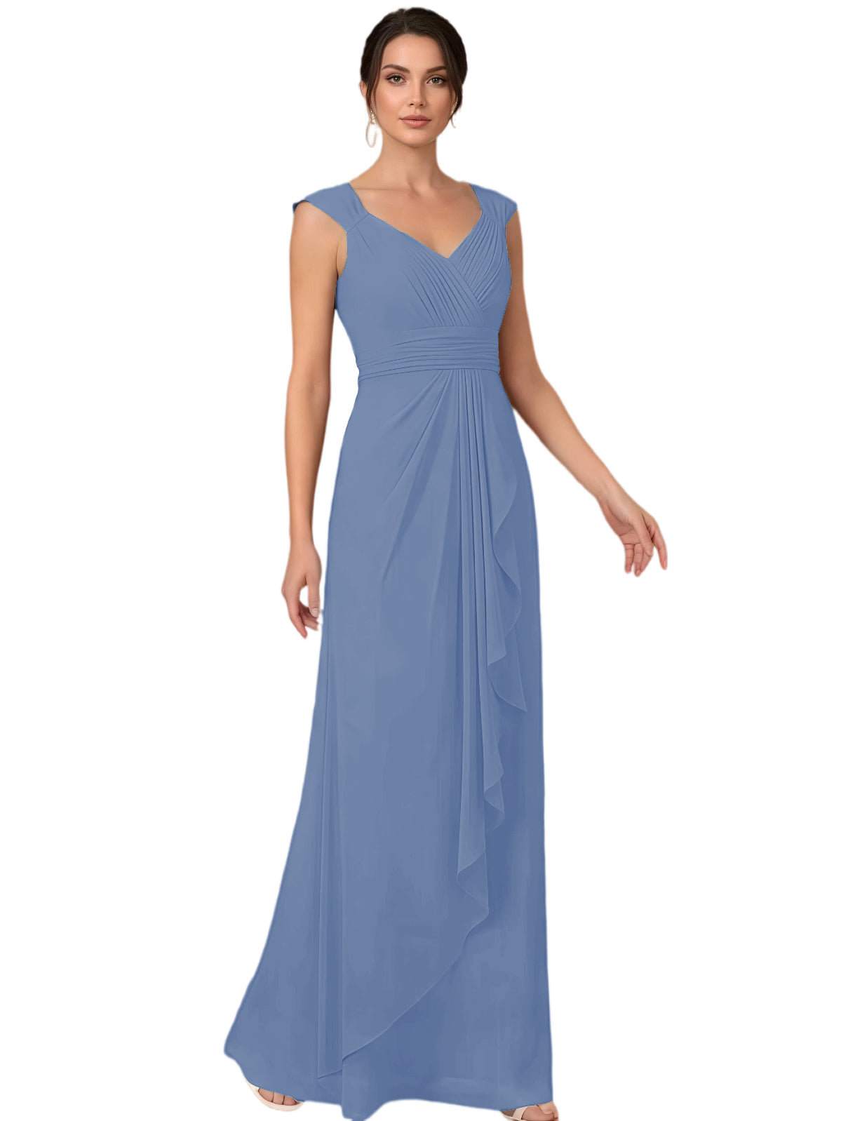 Mother of the Bride Dress Long Sleeveless V-Neck Chiffon Formal Gown with Ruffle Detail