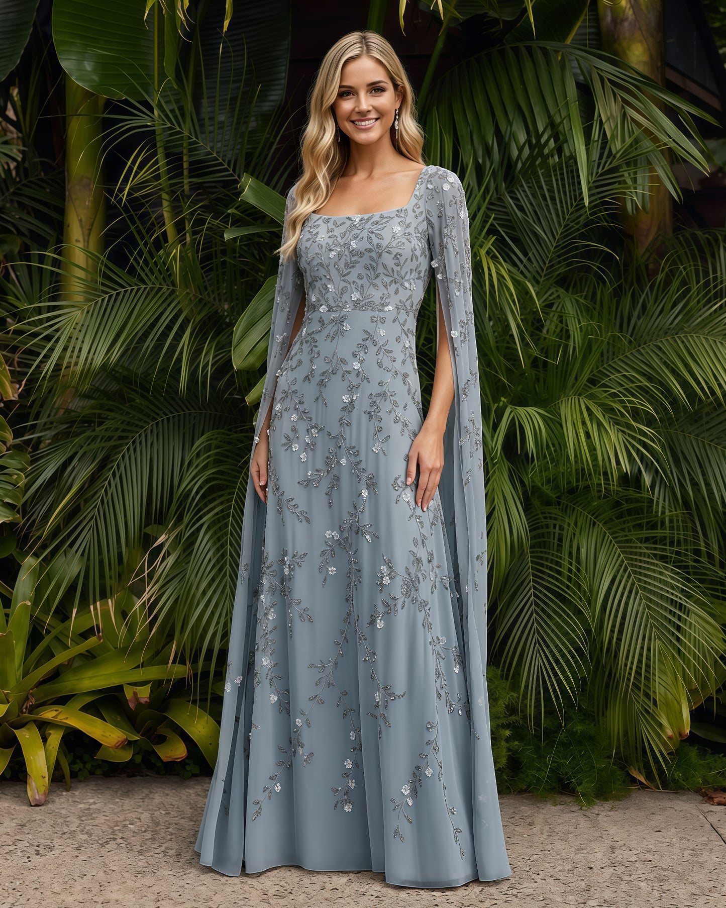 Square-Neck Long-Sleeve Lace A-Line Formal Dress