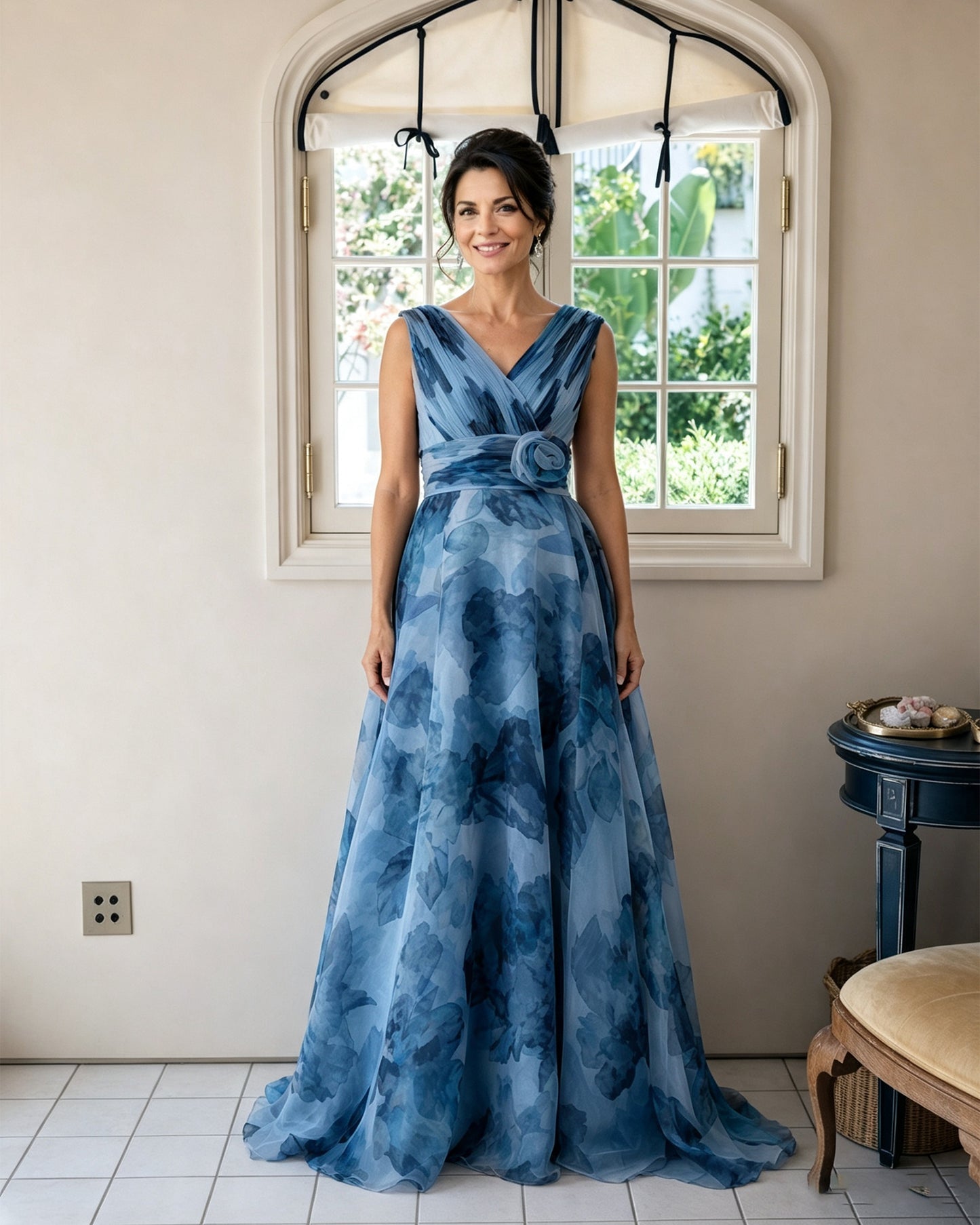 Floral Print V-Neck Chiffon Mother of the Bride Dress with Rosette Sash