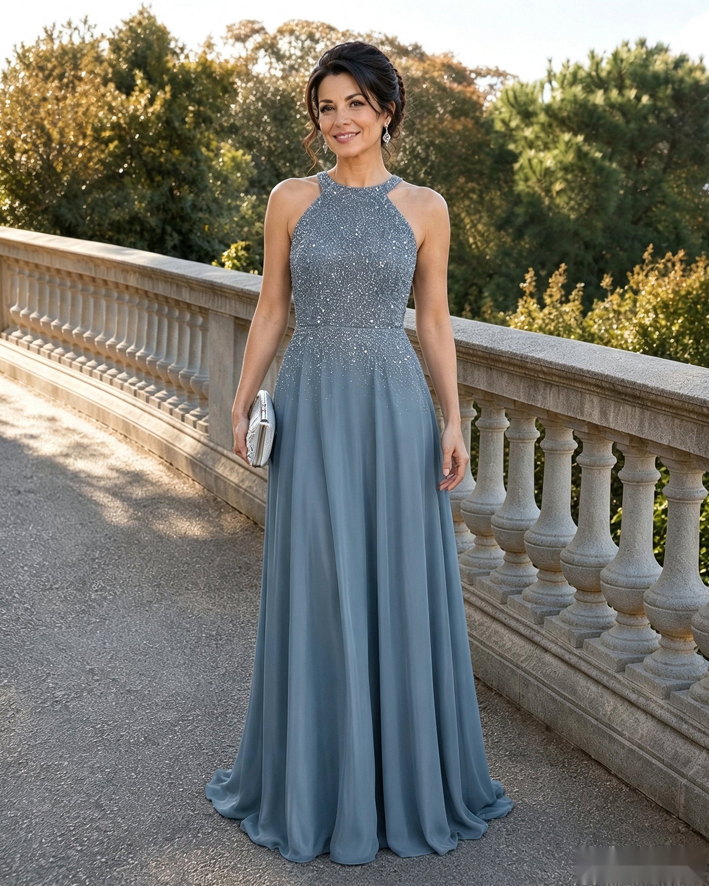 Halter Neck Sequin Chiffon A-Line Mother of the Bride Dress