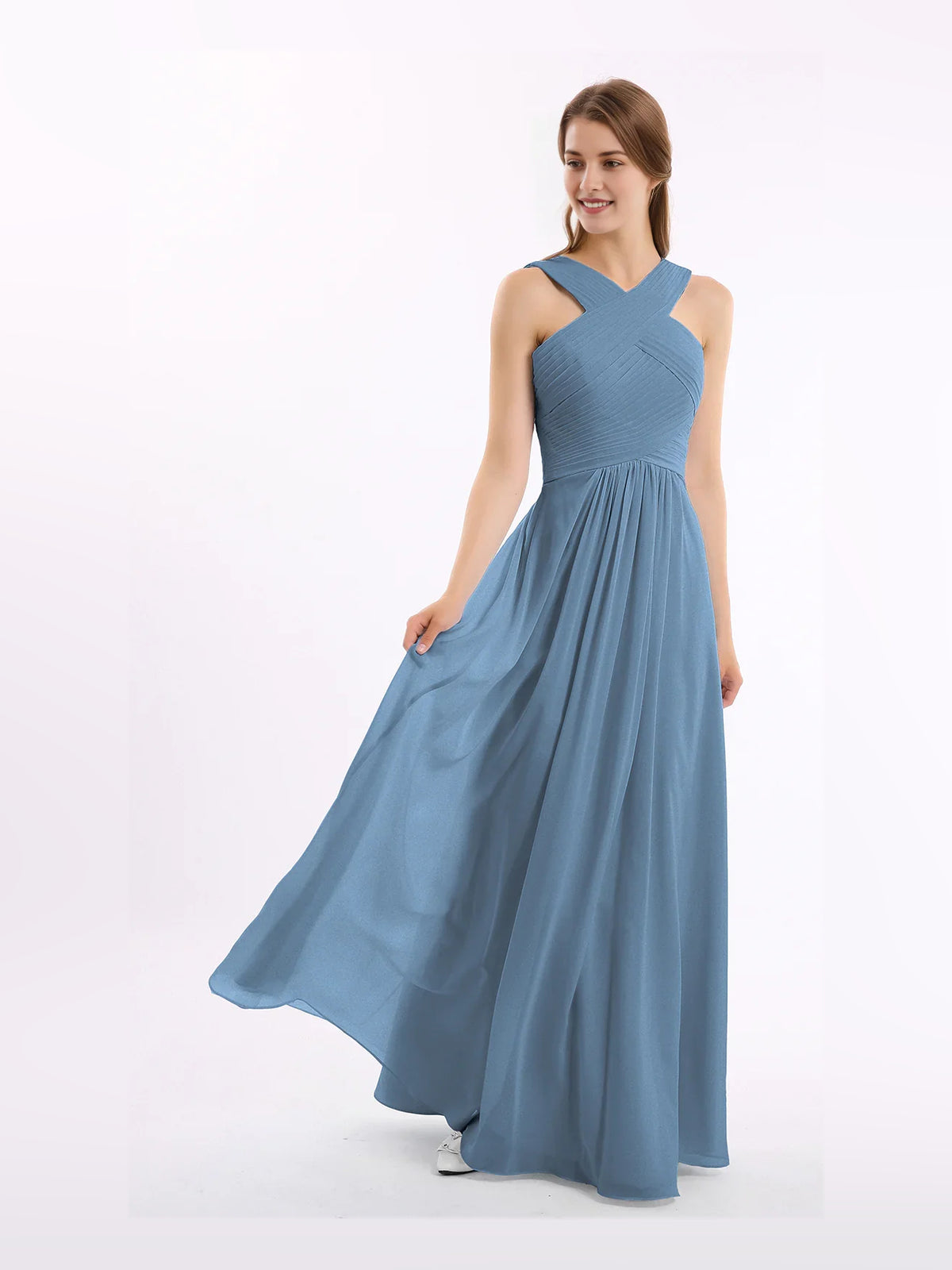 Pleated Halter Neck A-Line Maxi Chiffon Bridesmaid Dress for Estate Wedding