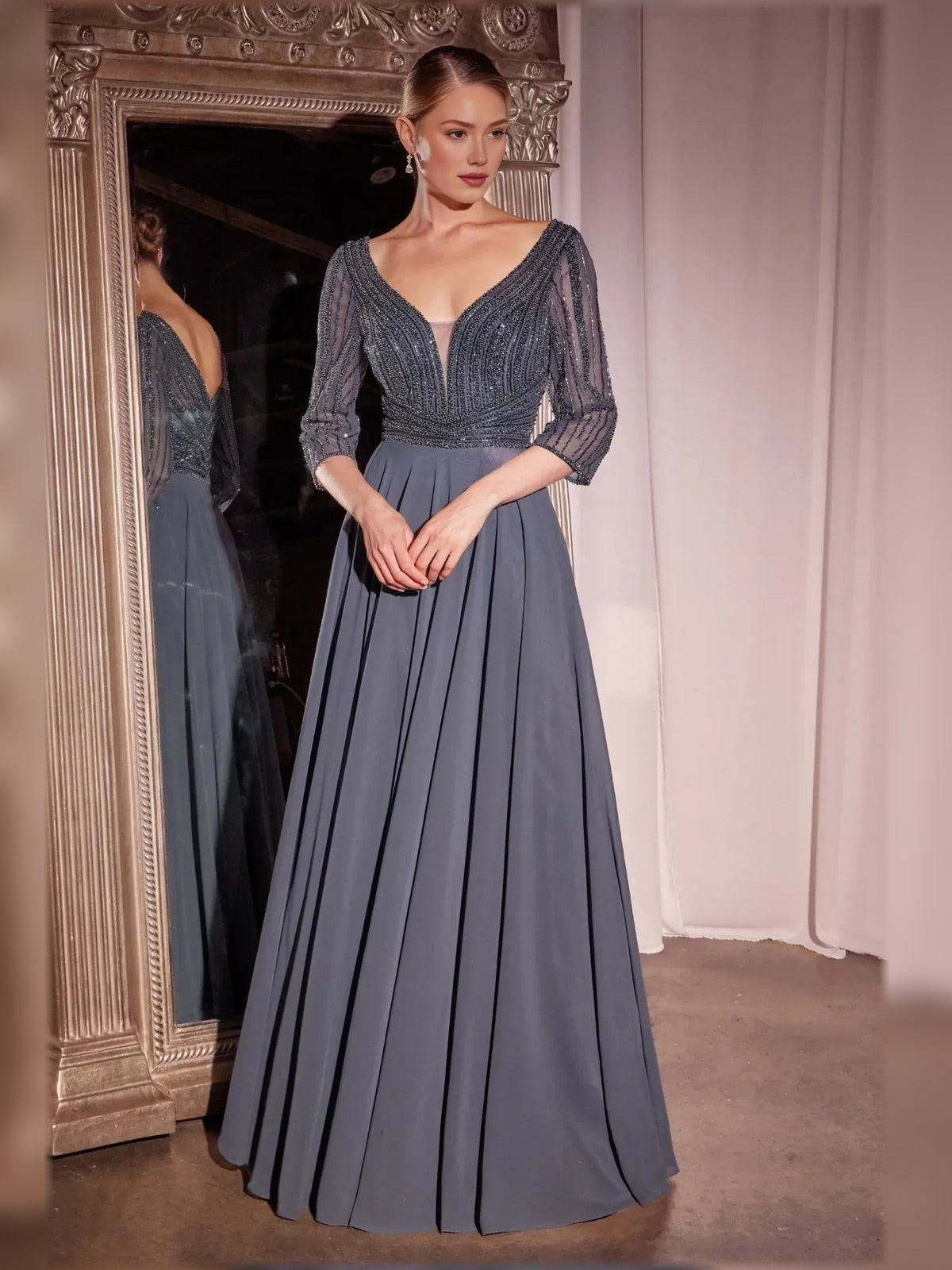 V Neck Chiffon Beaded A-Line Floor-Length Formal Dress