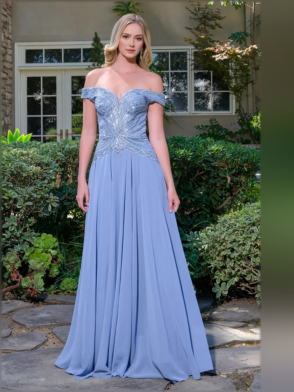 Off-The-Shoulder Short Sleeves Beading Floor-Length Formal Dress