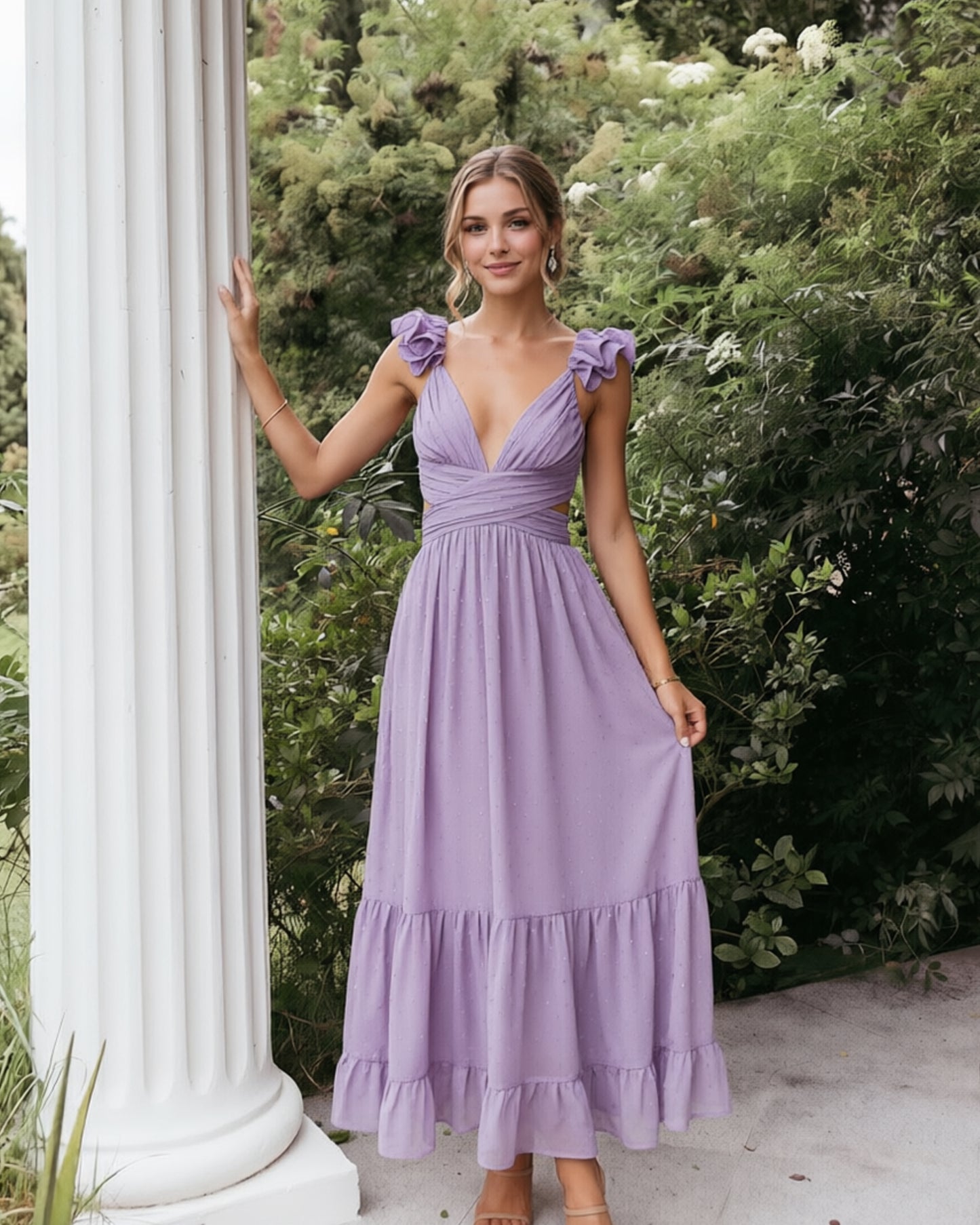 Deep V-Neck Swiss Dot Chiffon Bridesmaid Dress with Ruffle Straps