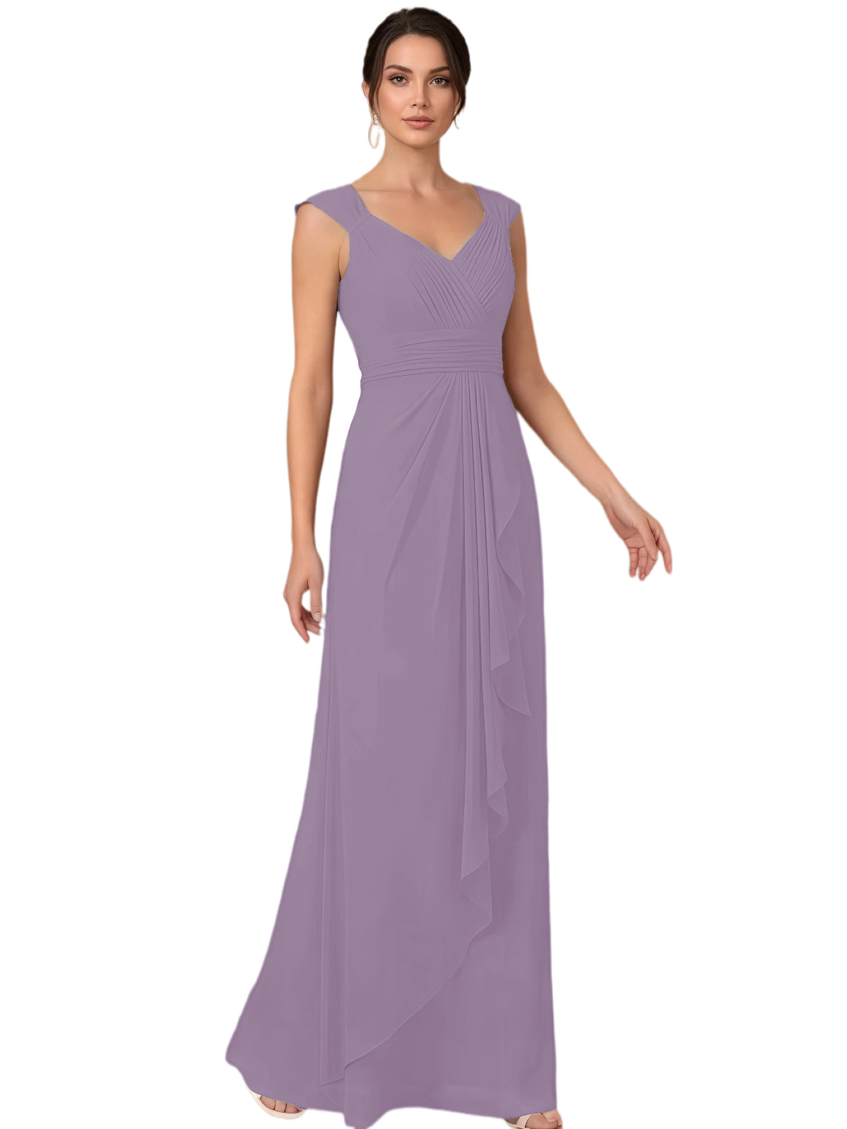 Mother of the Bride Dress Long Sleeveless V-Neck Chiffon Formal Gown with Ruffle Detail