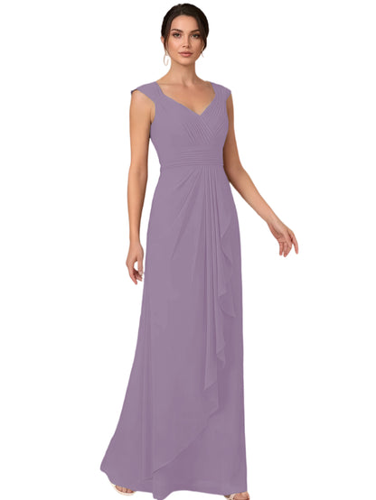 Mother of the Bride Dress Long Sleeveless V-Neck Chiffon Formal Gown with Ruffle Detail