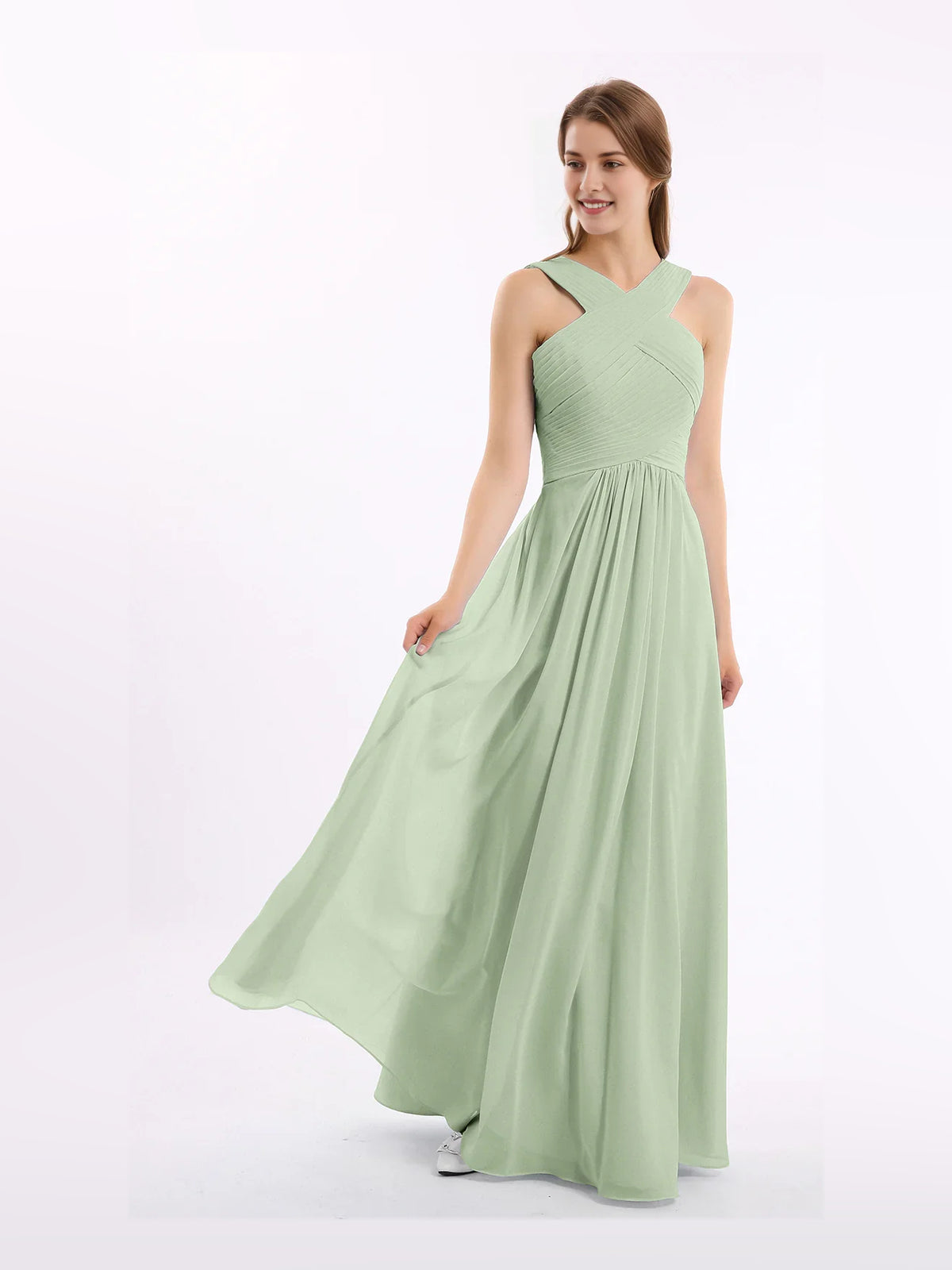 Pleated Halter Neck A-Line Maxi Chiffon Bridesmaid Dress for Estate Wedding
