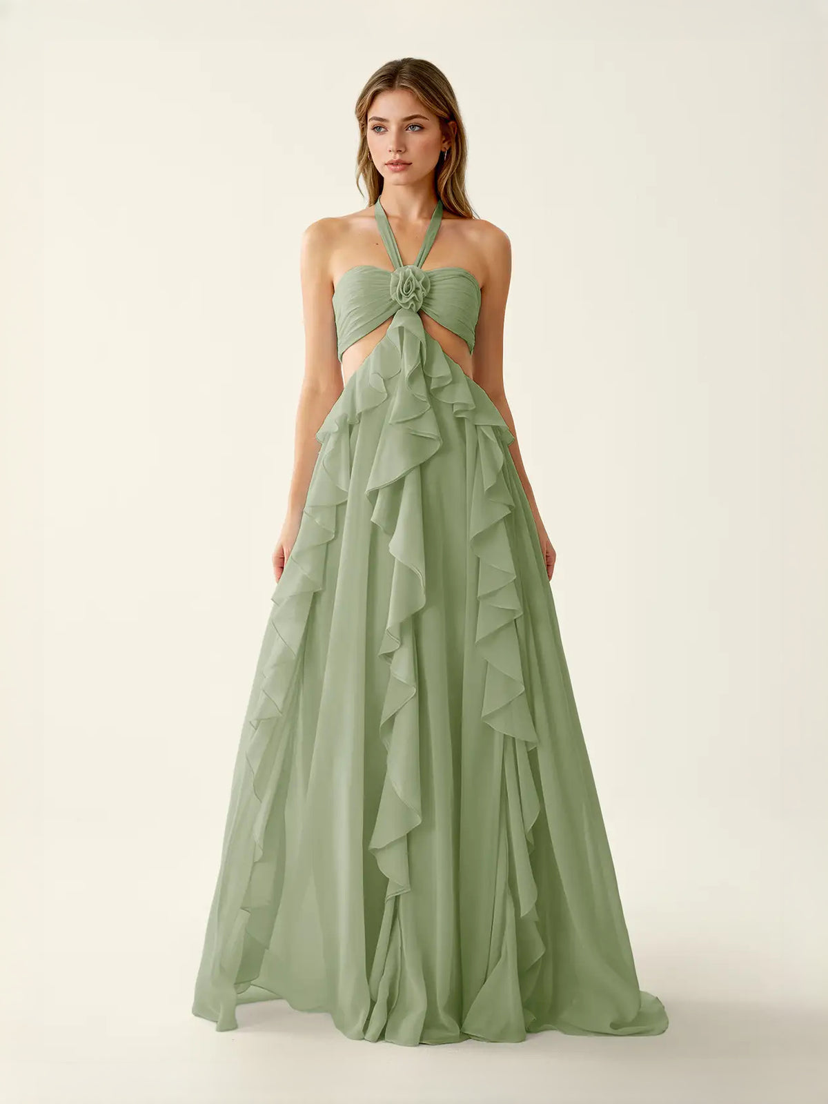 Cut-Out Ruffled Halter Neck A-Line Maxi Chiffon Prom Dress for Formal Reception