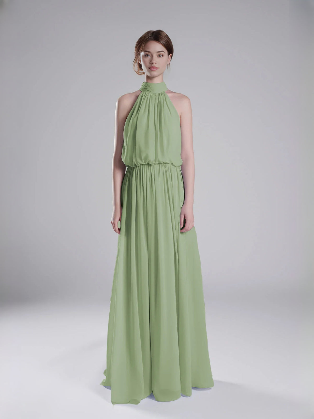 Pleated Halter Neck A-Line Floor-Length Chiffon Bridesmaid Dress for Garden Wedding