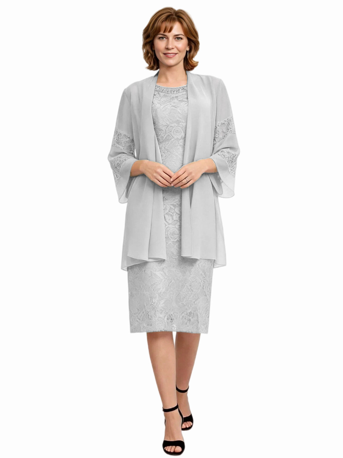 Mother of the Bride Dress with Jacket Knee Length Lace Formal Wedding Guest Outfit