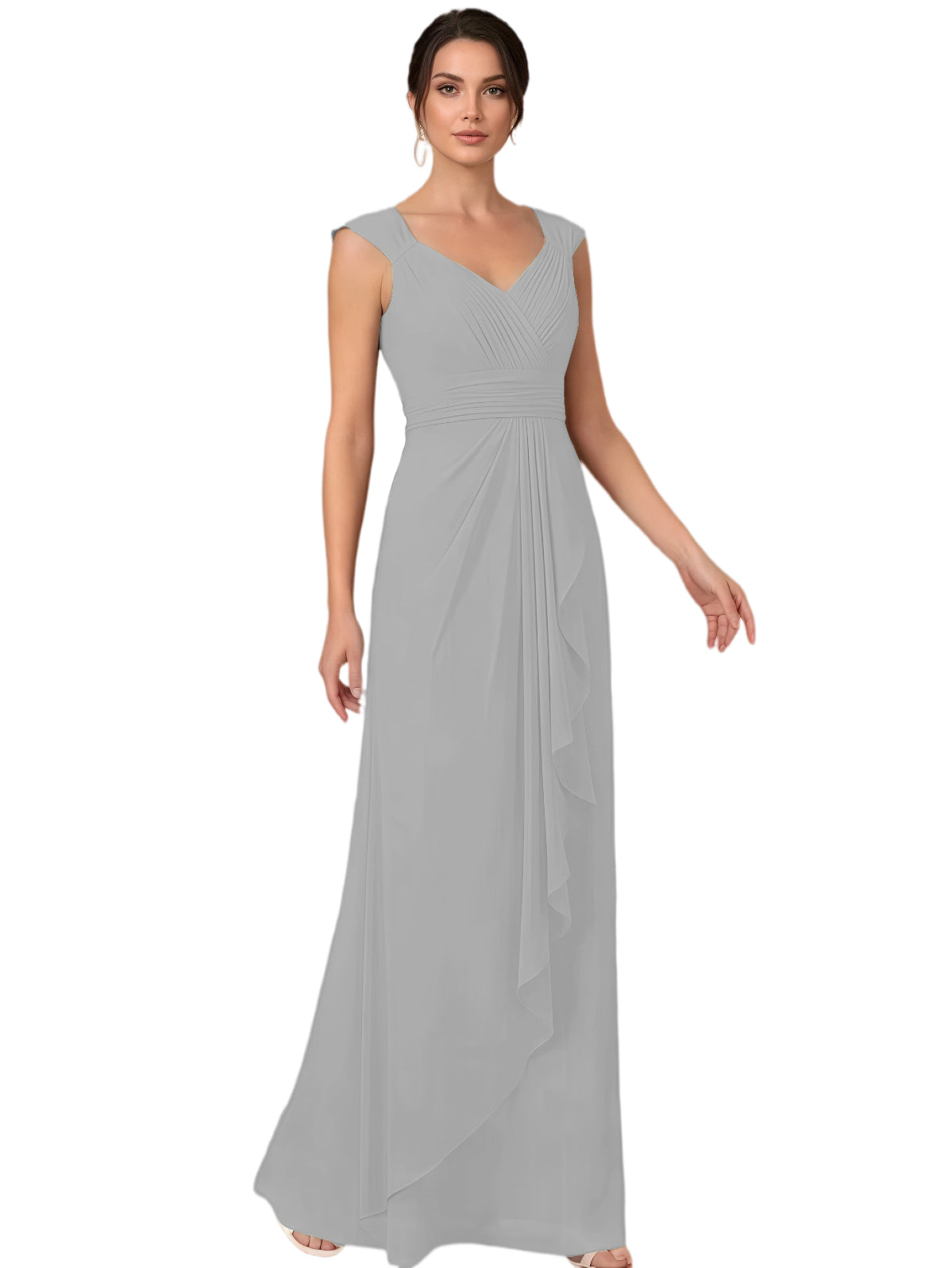 Mother of the Bride Dress Long Sleeveless V-Neck Chiffon Formal Gown with Ruffle Detail