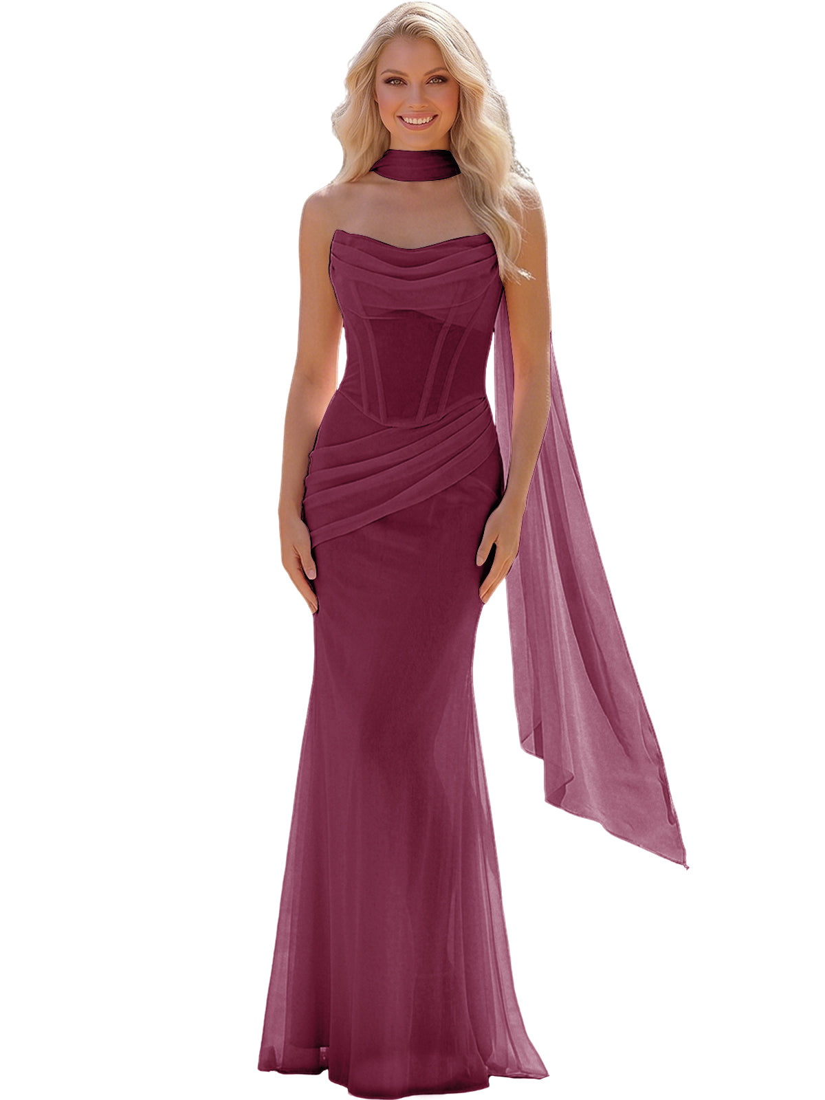 Strapless Chiffon Bridesmaid Gown with Sheer Boned Bodice, Ruched Waist and Scarf