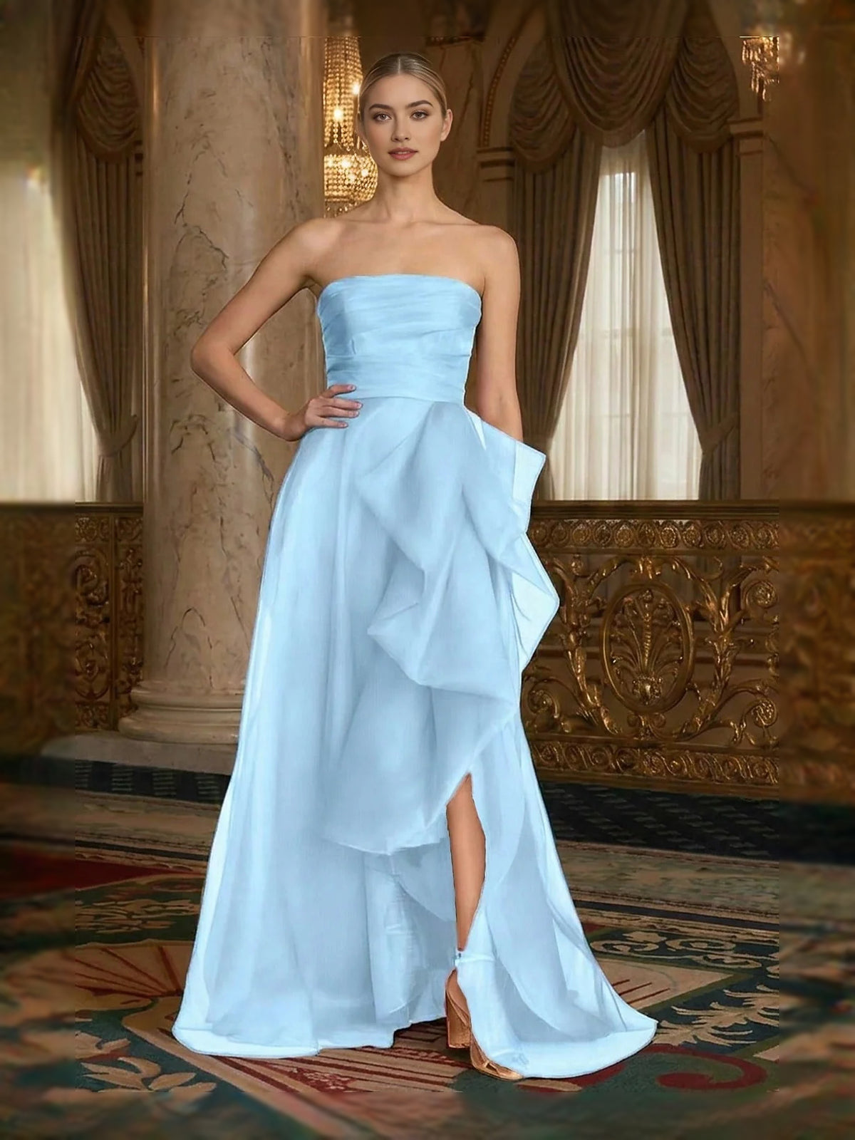 Back-Slit Layered Ruffled Slit Strapless A-Line Floor-Length Organza Prom Dress for Evening Ceremony