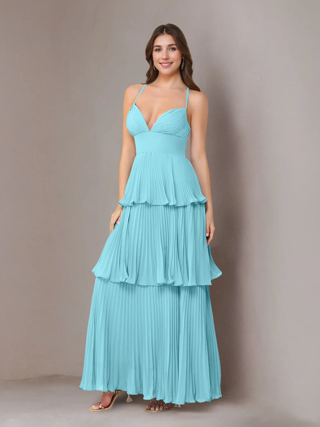 Pleated Tiered Ruffled V Neck A-Line Maxi Chiffon Bridesmaid Dress for Formal Wedding