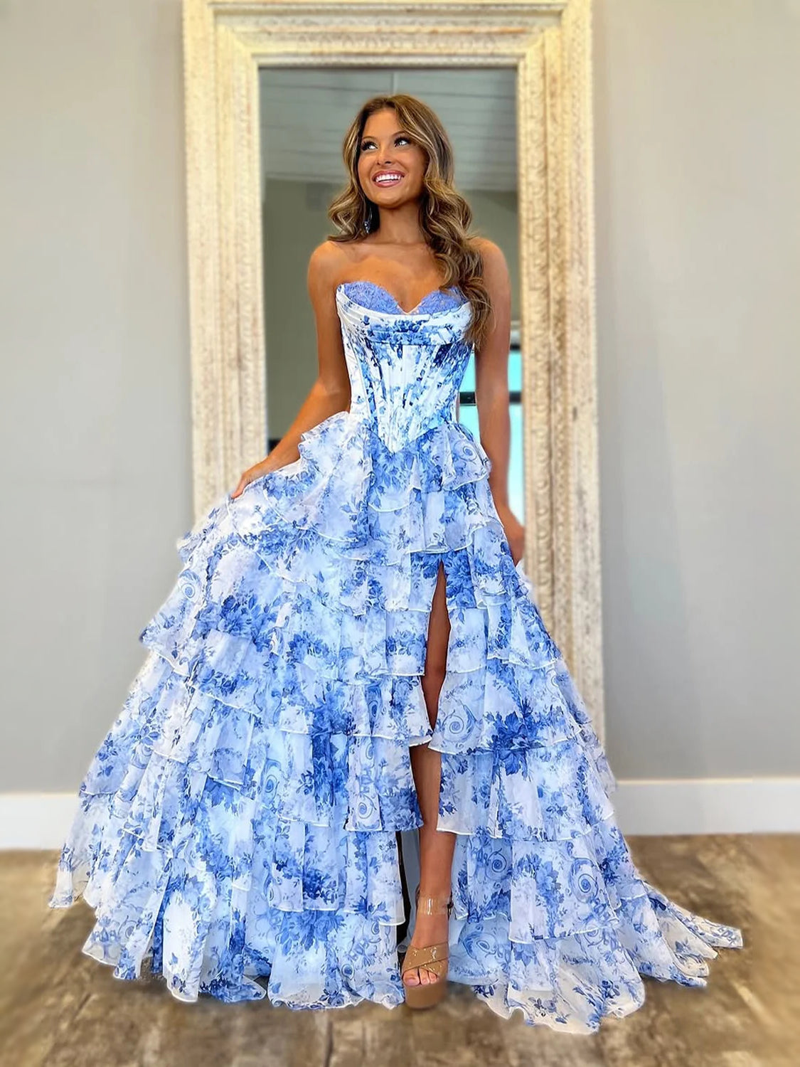 Floral Strapless A-Line Floor-Length Chiffon Prom Dress for Evening Event