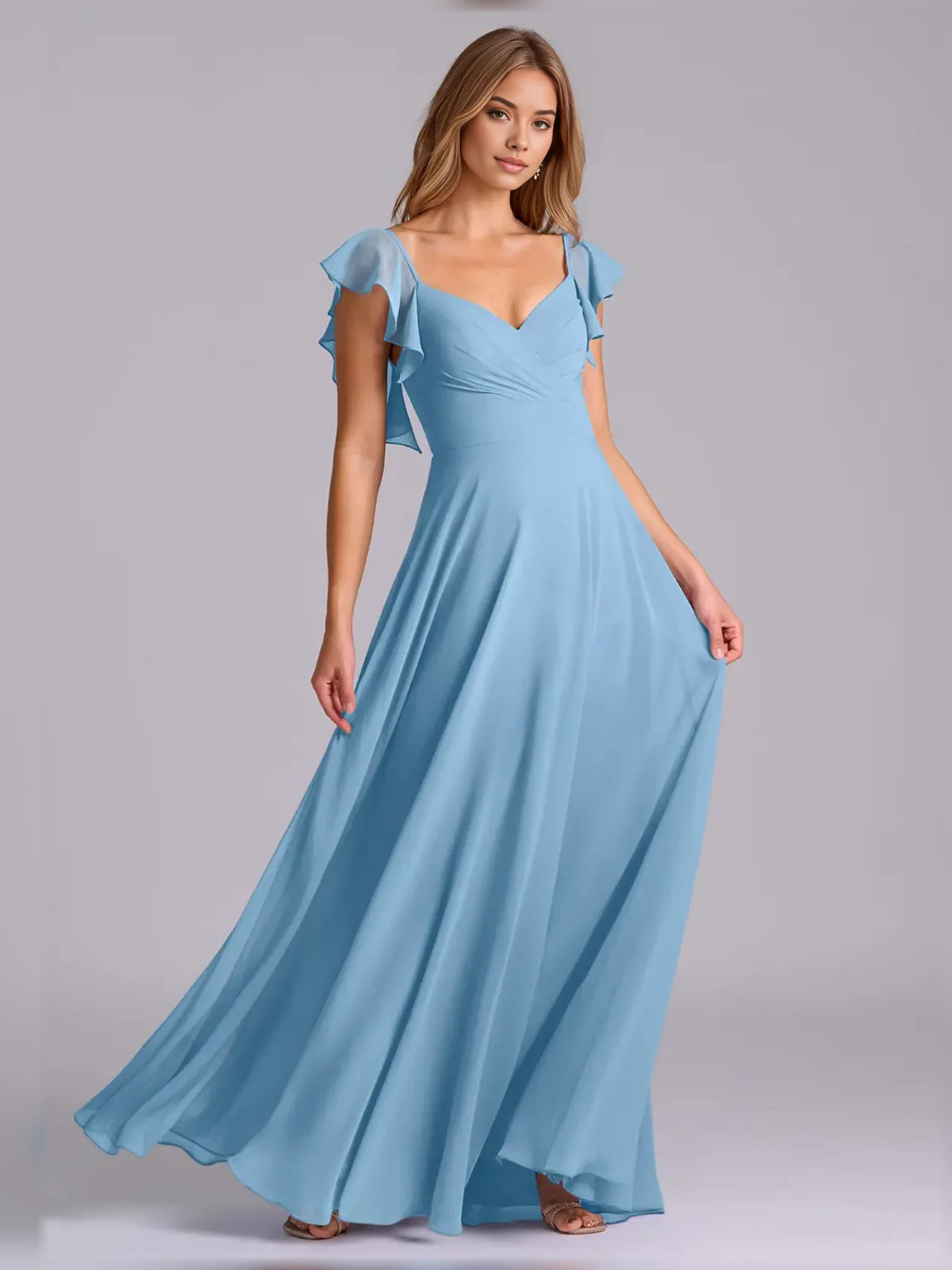 Pleated V Neck A-Line Maxi Chiffon Bridesmaid Dress for Wedding Ceremony