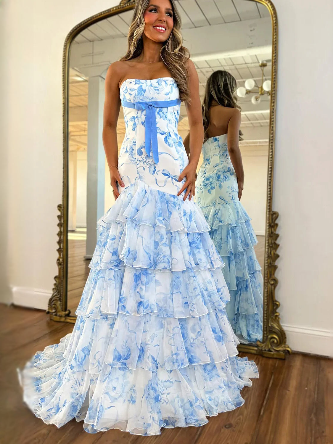 Ruffled Bow Floral Strapless Mermaid Maxi Chiffon Prom Dress for Senior Prom