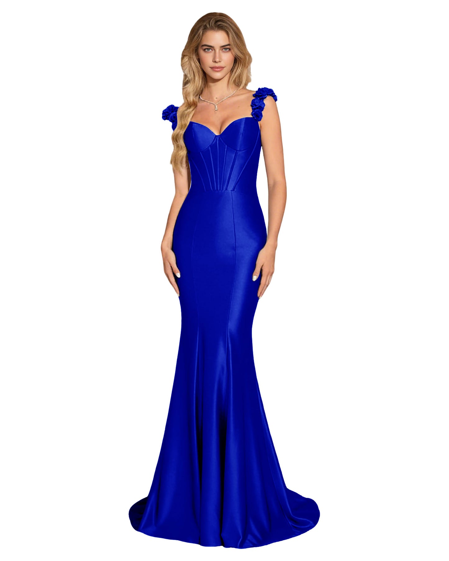 Floral Strap Satin Mermaid Prom Dress with Corset Bodice and Sweep Train