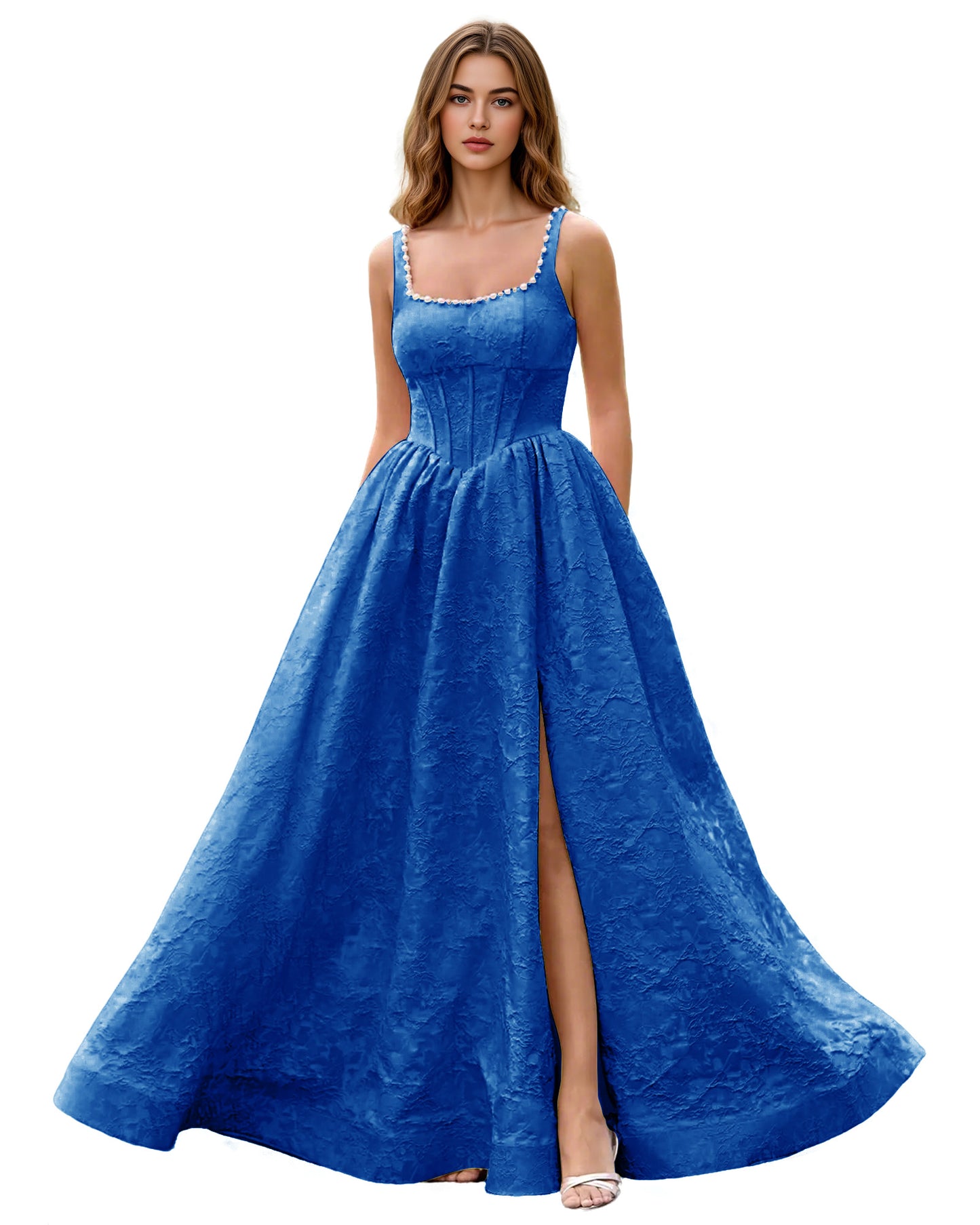 Square Neck Jacquard Ball Gown Prom Dress with Wide Straps and Pockets
