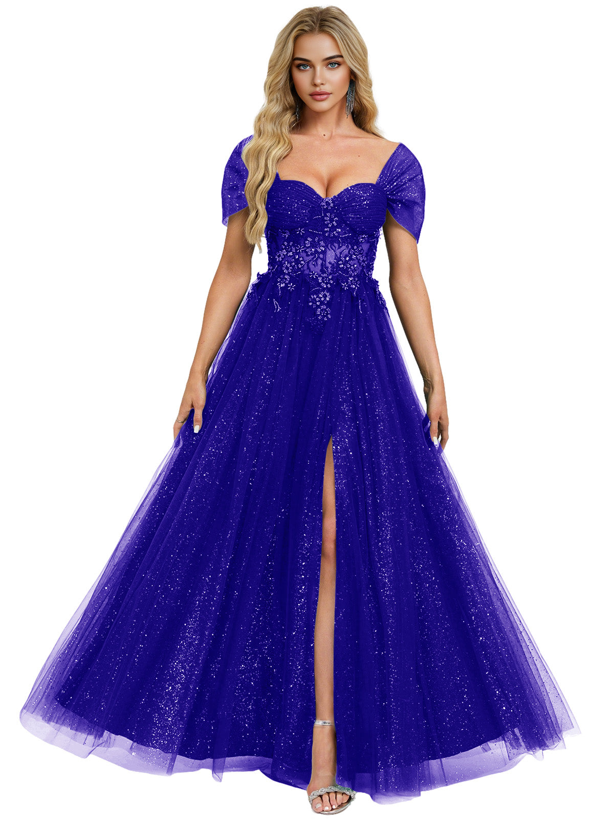 Short Sleeve Glitter Tulle Prom Dress with Illusion Bodice and Slit