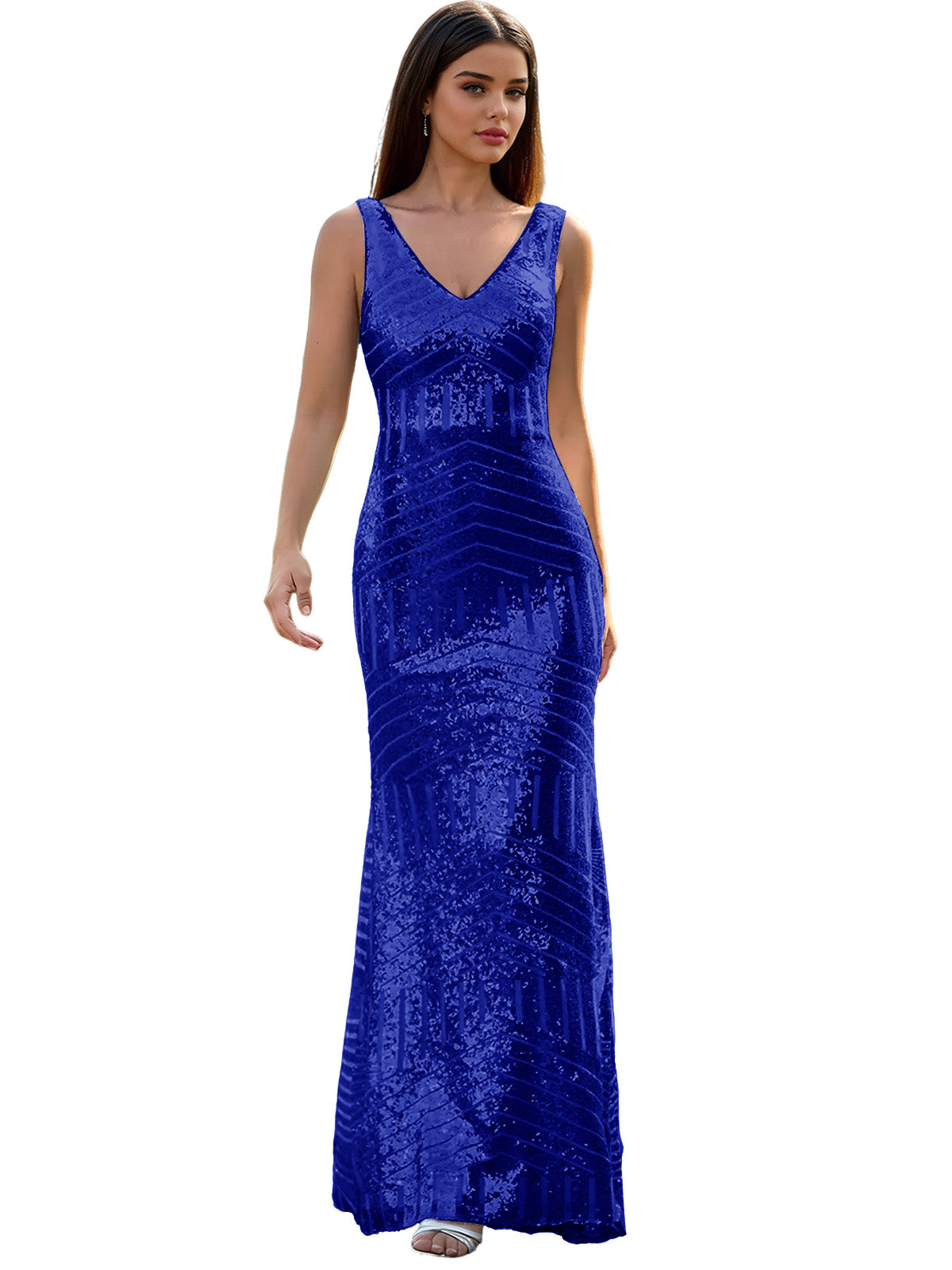 V-Neck Sequin Column Prom Dress with Beaded Waist and Low Back