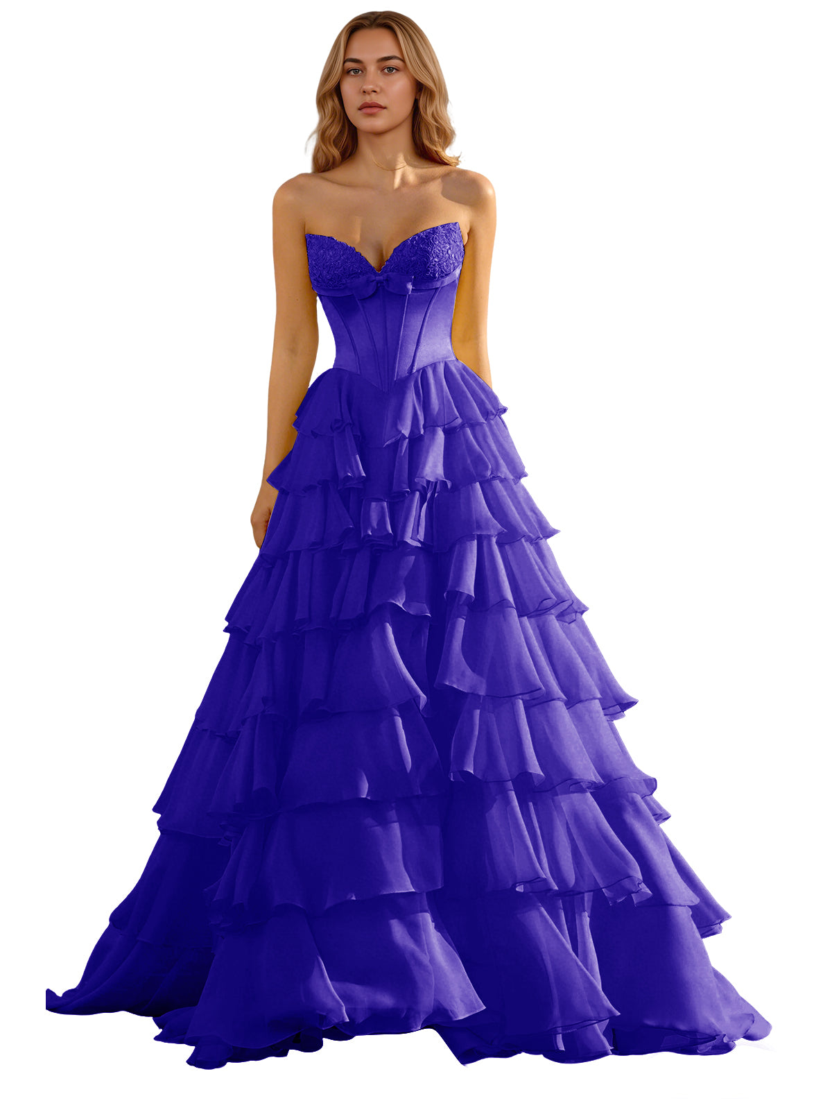 Strapless Tiered Organza Ball Gown Prom Dress with Corset Top