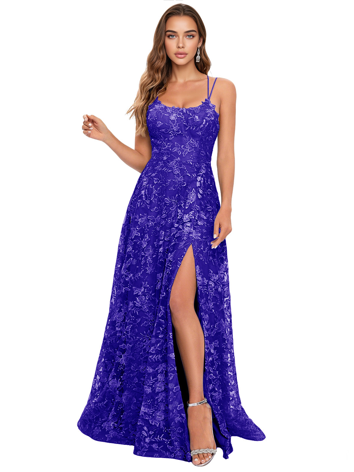 Scoop Neck Lace A-Line Prom Dress with Spaghetti Straps and Side Slit